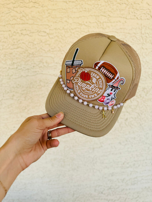 9- football boo pumpkin patch tan traditional Trucker