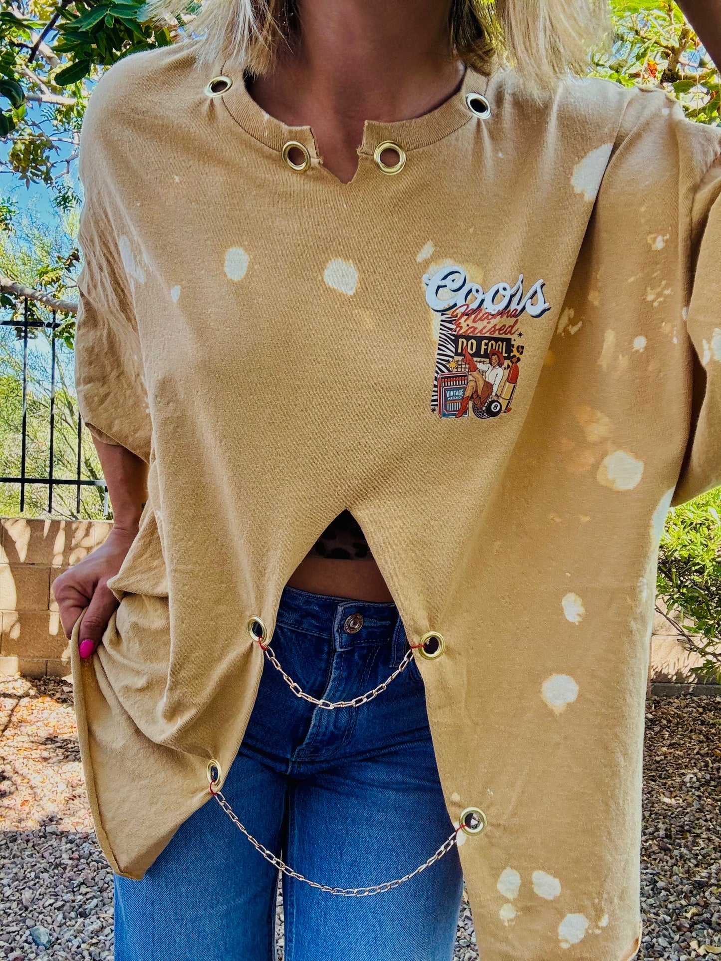 TEE-mama raised no fool Cowboy rodeo  - DAD TEE slit front chain work collar 2XL