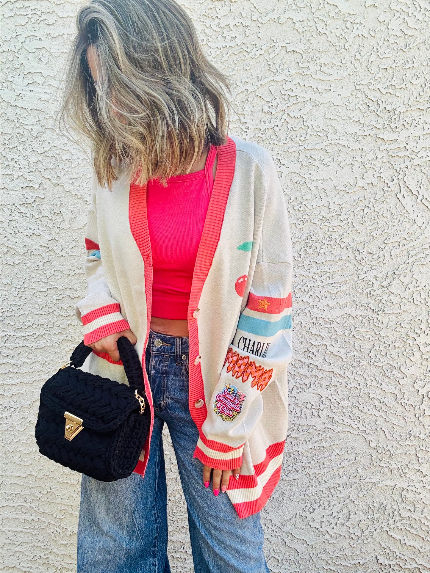 BBH-CHERRY BOMBER CARDIGAN + mama checkered retro+￼ CM CO. babes