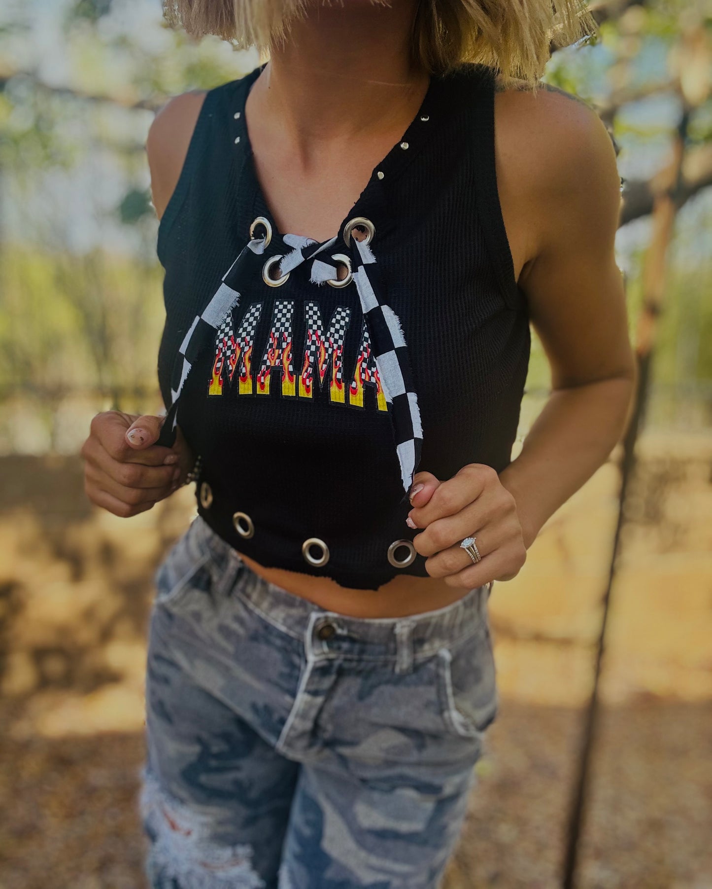 HMT-checkered mama + HEAVY METAL CROP TANK size MEDIUM