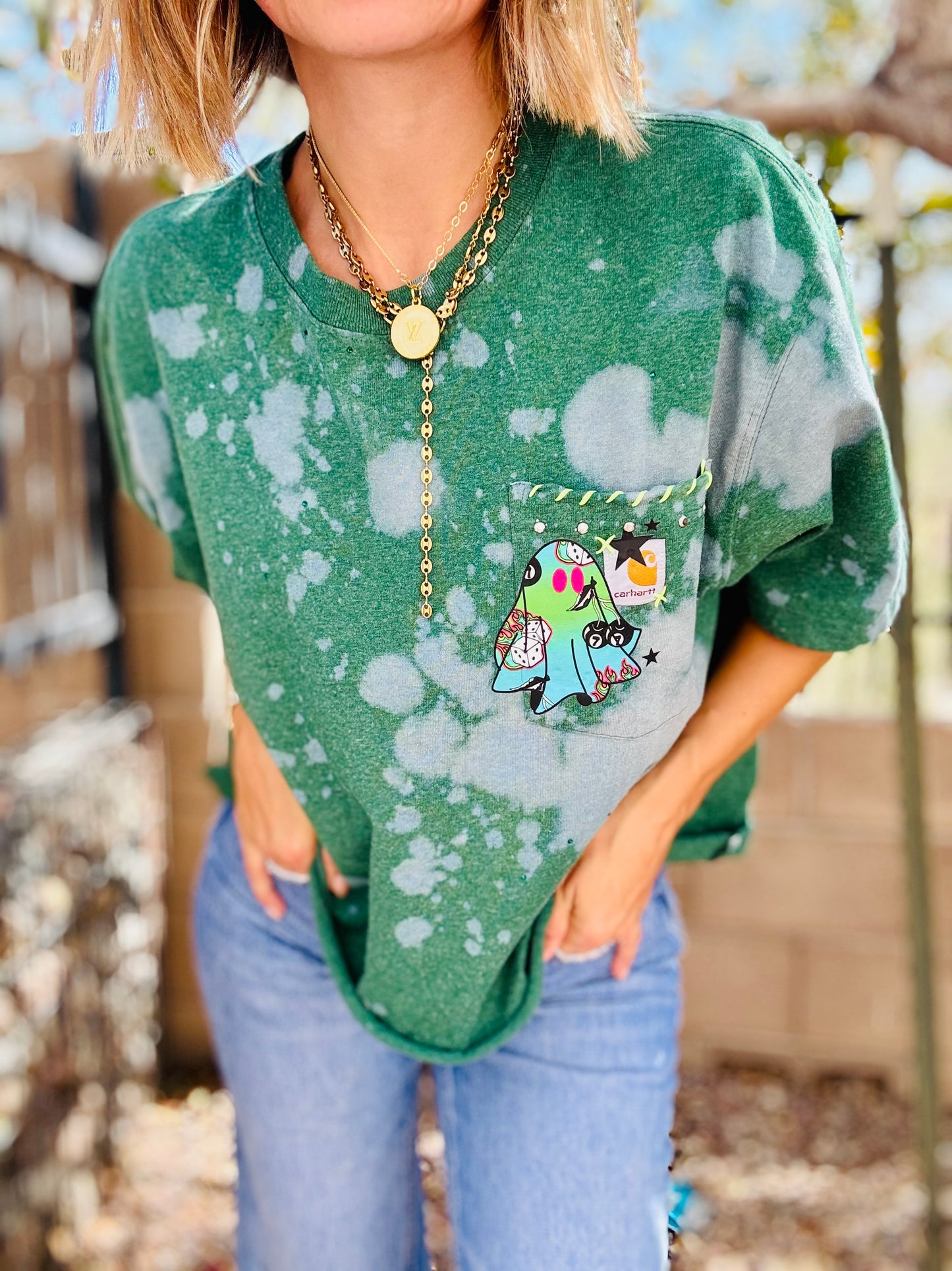 MD- printed green ghostie +HUSBAND POCKET SHIRT -MEDIUM