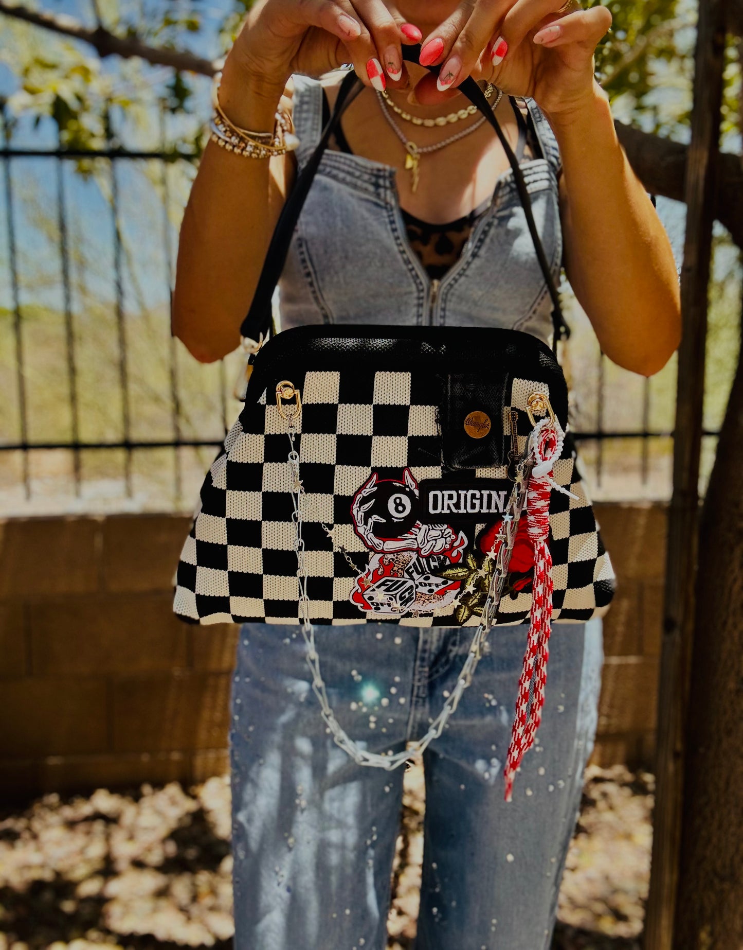RG-ORIGINAL F OFF BADDIE BABE +wrnagler denim patch work++ checkered black and white LIZZIE KISS CLUTCH￼** WITH STRAP