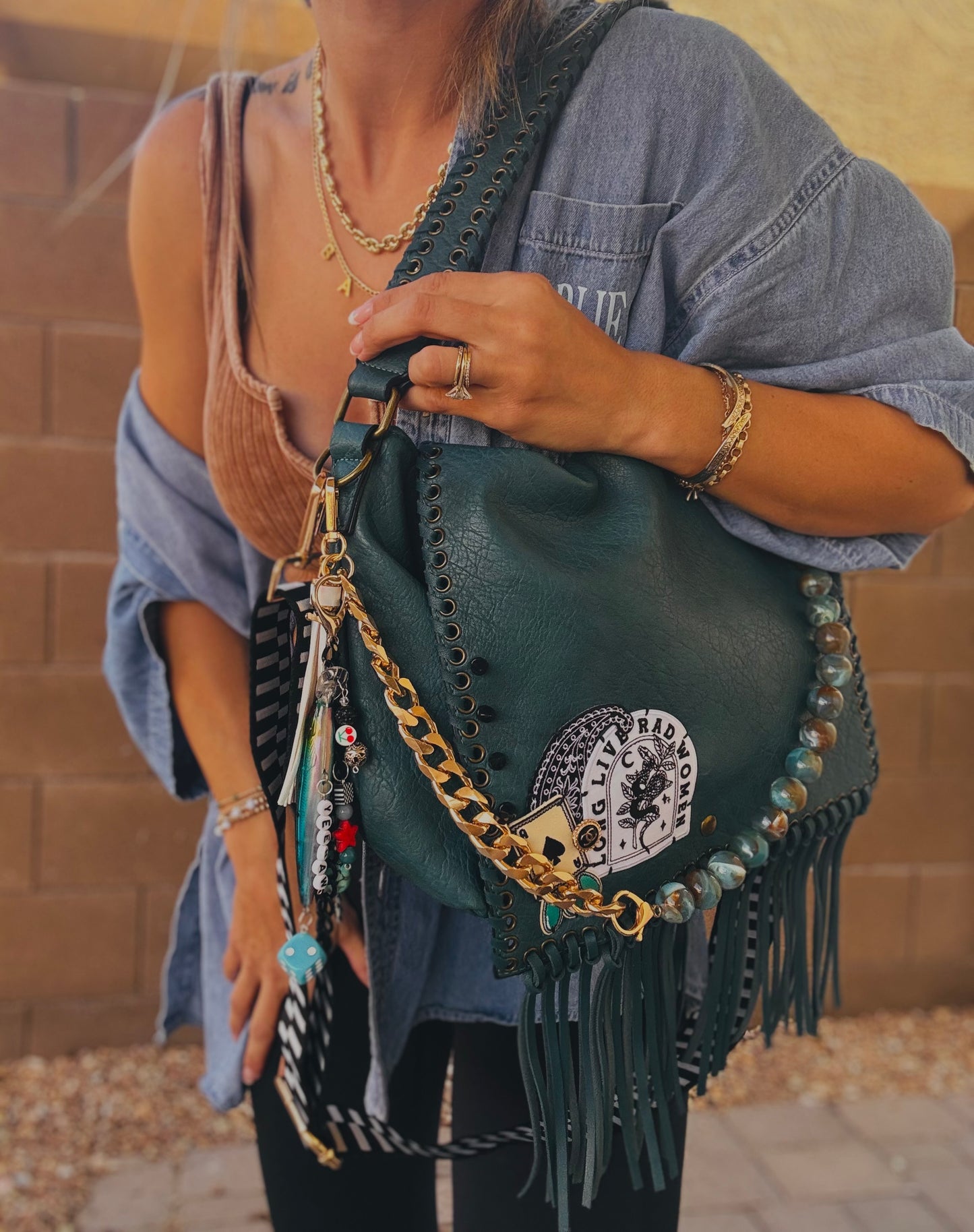FC-long live rad women + AUTHENTIC UPCYCLED BUTTON- crossbody strap included** The Jerome**