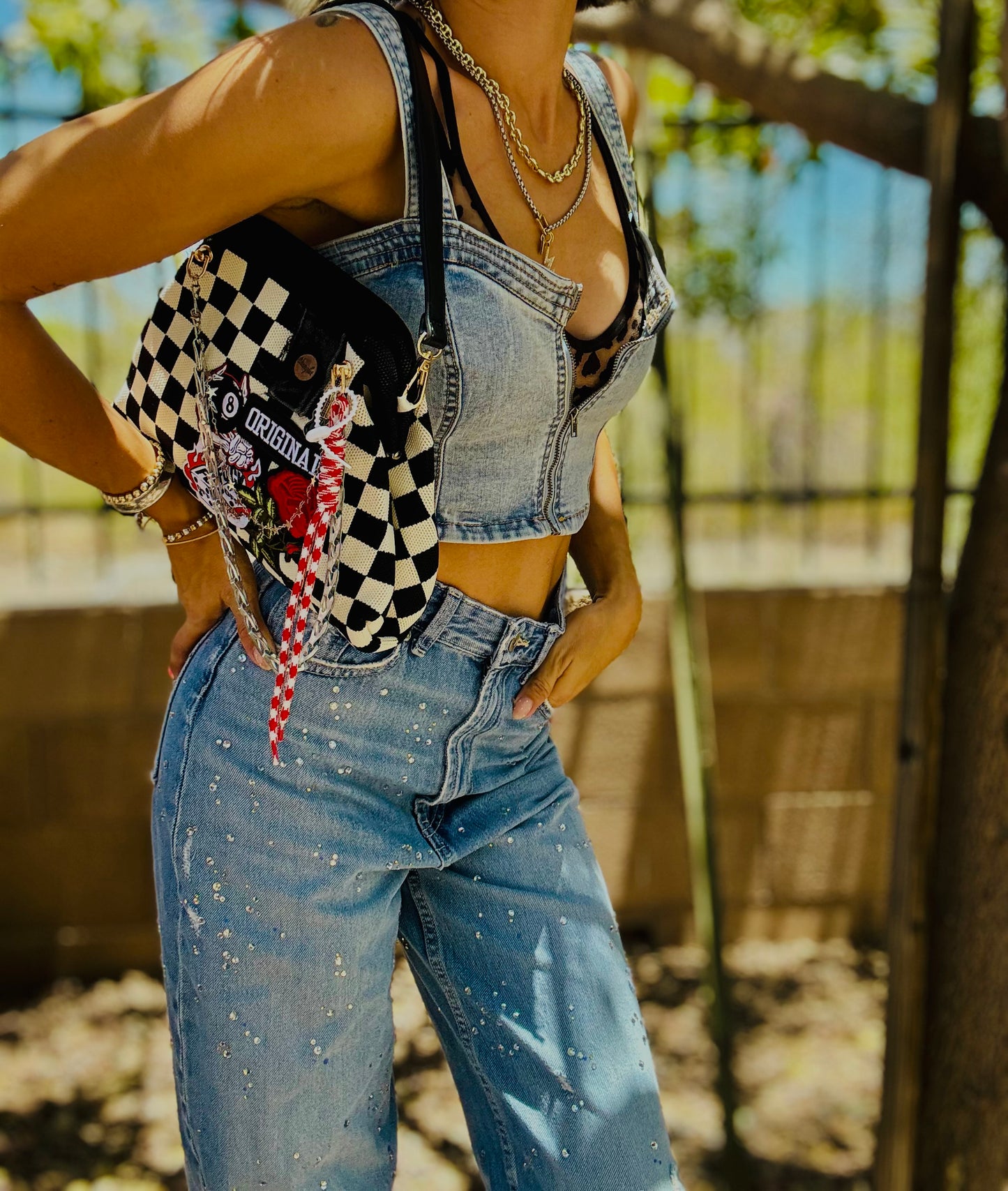 RG-ORIGINAL F OFF BADDIE BABE +wrnagler denim patch work++ checkered black and white LIZZIE KISS CLUTCH￼** WITH STRAP