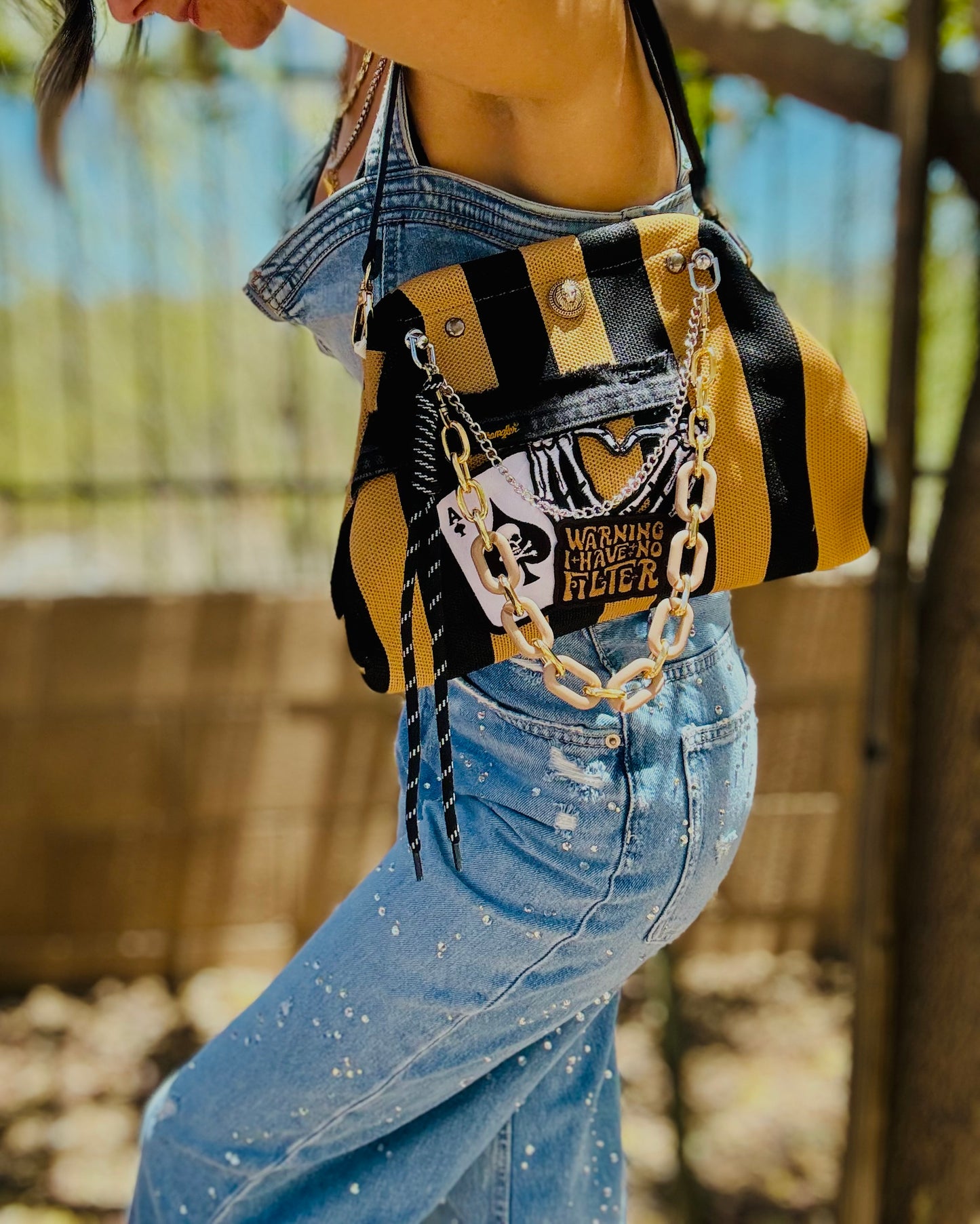 RG-warning I have no filter +wrangler denim patch work ++tan and black stripe LIZZIE KISS CLUTCH￼** WITH STRAP