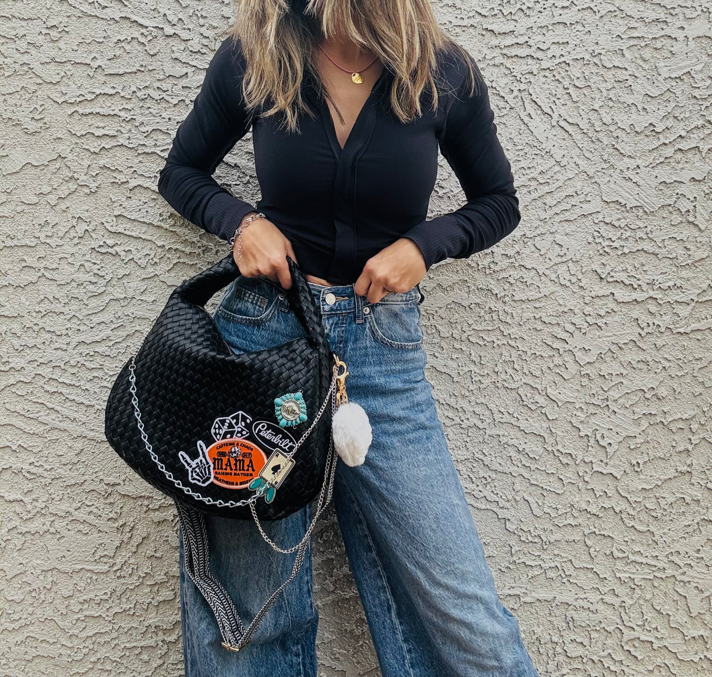 AM-caffeine & chaos mama turquoise buffalo *CHANDLER BAG** black