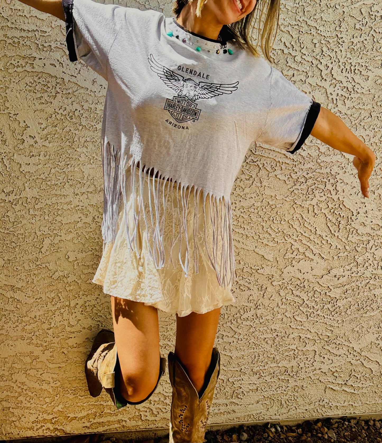 TEE-beaded collar bike babe  - DAD TEE MENS MEDIUM handmade fringe