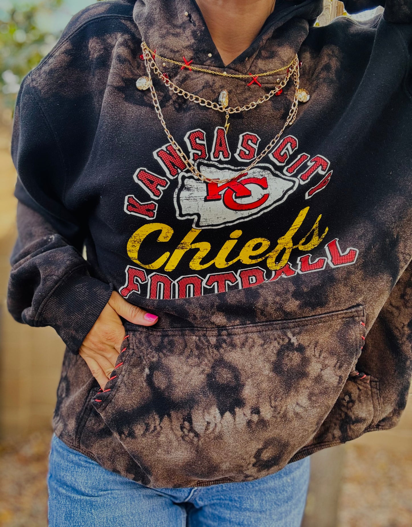 CD- NECKLACE HOODIE RED AND GOLD FOOTBALL BABE  - lace vintage wash+ Men’s unisex size MEDIUM- Cut off bottom band hem
