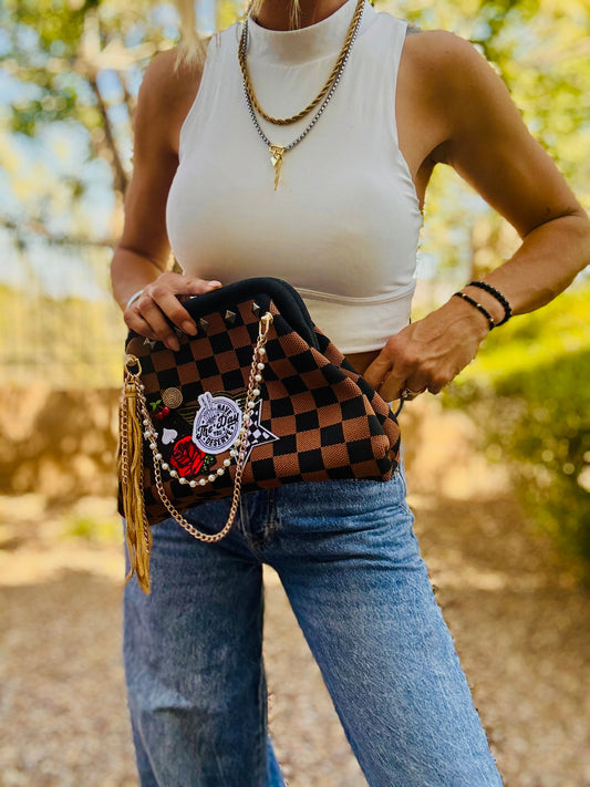 UM-DAY YOU DESERVE ROSES CHECKERED BLACK AND BROWN +** LIZZIE KISS CLUTCH￼**