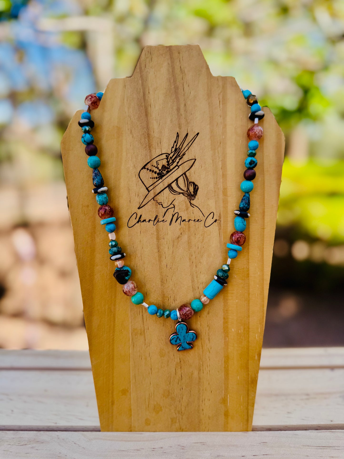 NC-turquoise rusty teal clover +Handmade chunky beaded necklace