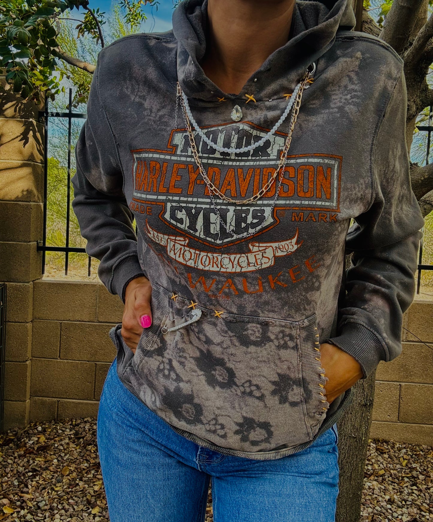 CD- NECKLACE HOODIE ORANGE AND GREY BIKE BABE  COLLAGE BABE  - lace vintage wash+ WOMENS unisex size SMALL- Cut off bottom band hem