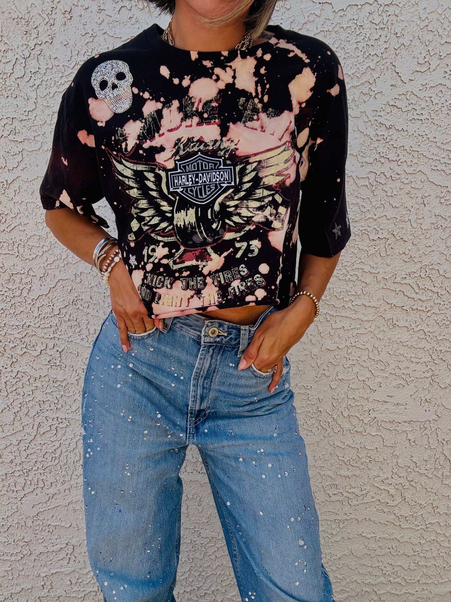 HD- BIKE BABE RHINESTONES- MENS XL TAGGED BUT FITS LIKE A MEDIUM. runs small cut small