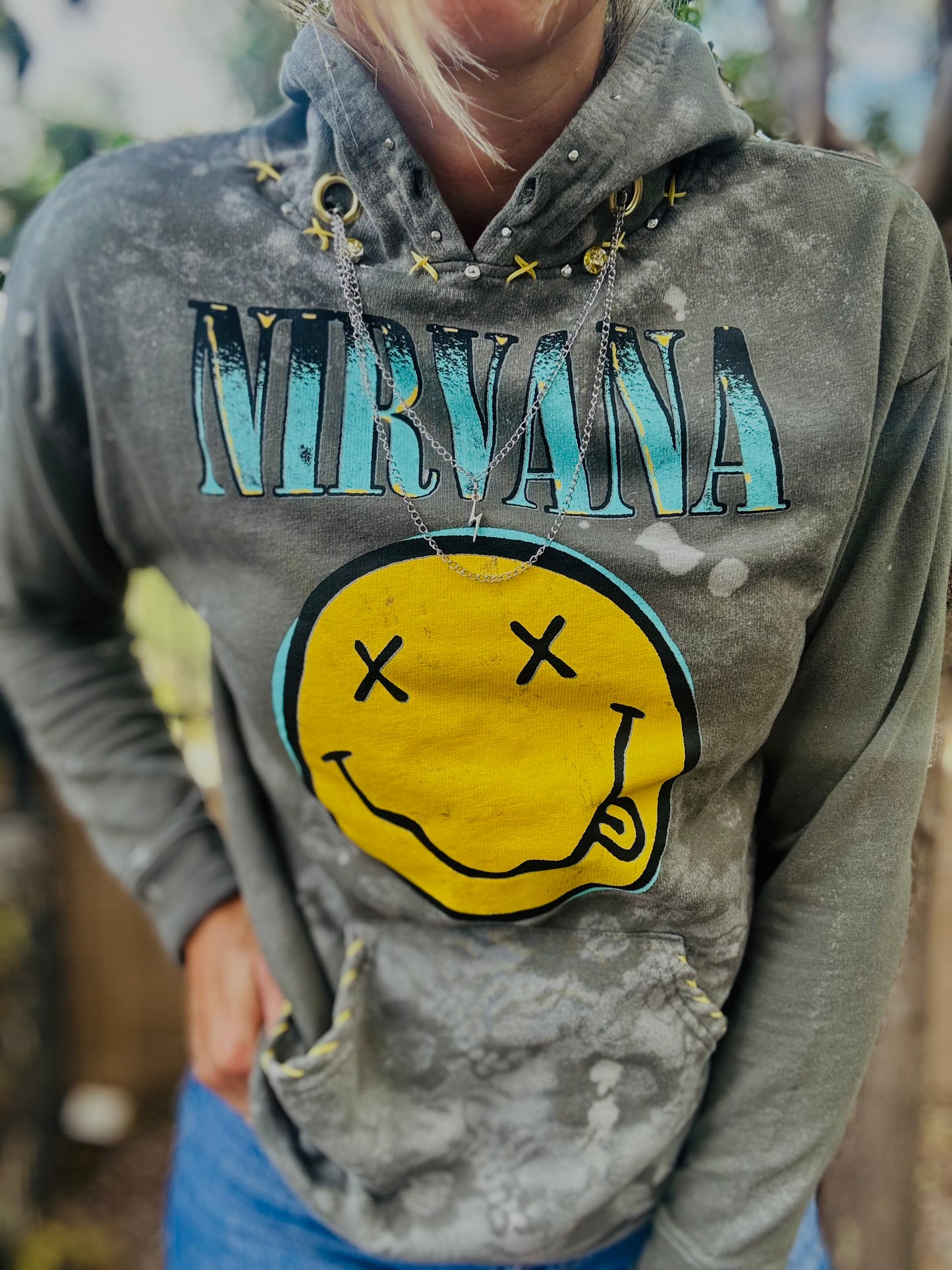 CD- NECKLACE Hoodie 10 +Men’s unisex size SMALL- Cut off bottom band hem