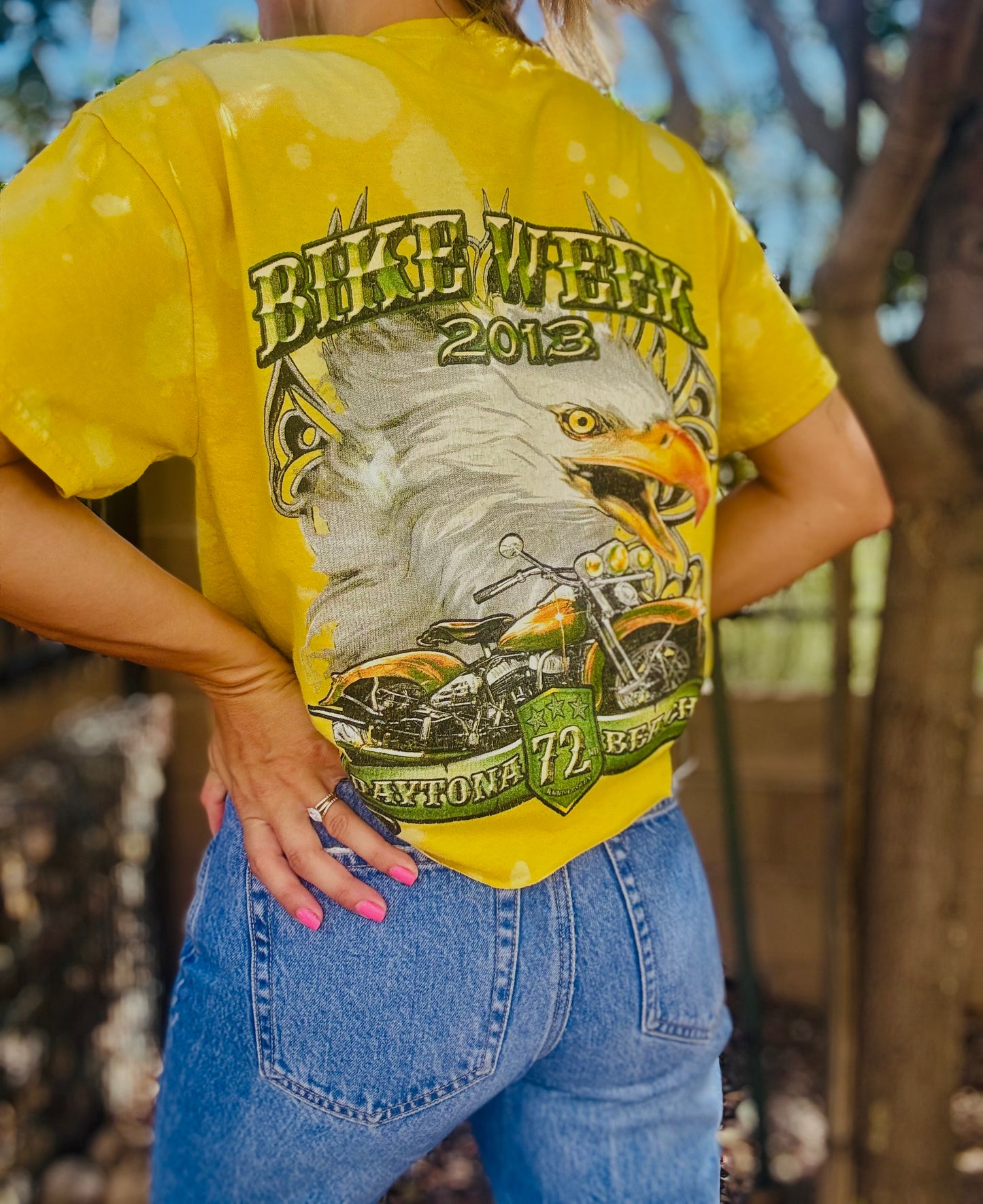 TEE-rhinestones vintage bike yellow eagle - DAD TEE slit 1/2 front chain work rhinestones collar MEDIUM