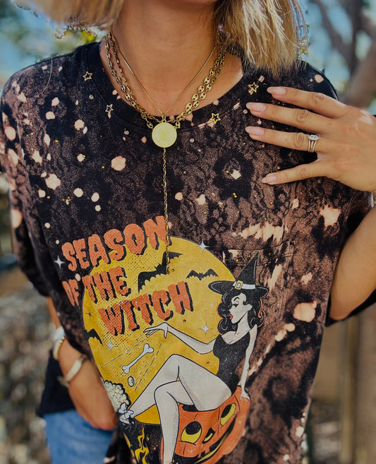 MD-SEASON OF THE WITCH black lace wash - DAD TEE 2XL BOTTOM HEM CUT OFF CROP OPEN CHAIN BACK