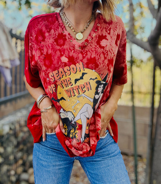 MD-season witch red lace wash -DAD TEE LARGE BOTTOM HEM CUT OFF open back chains