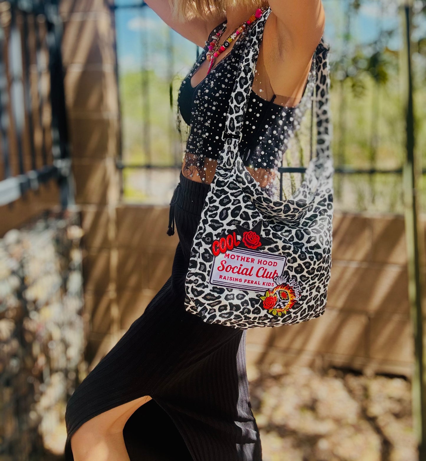 RTS-motherhood social club - light leopard fabric tote