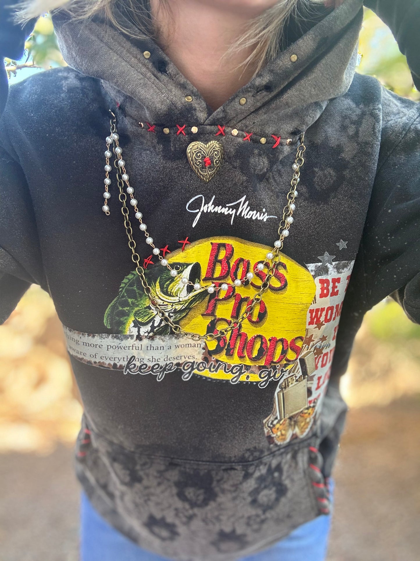 CD- NECKLACE HOODIE Edgy band babe - lace vintage wash+ Men’s unisex size XS runs big like a S/M     - Cut off bottom band hem