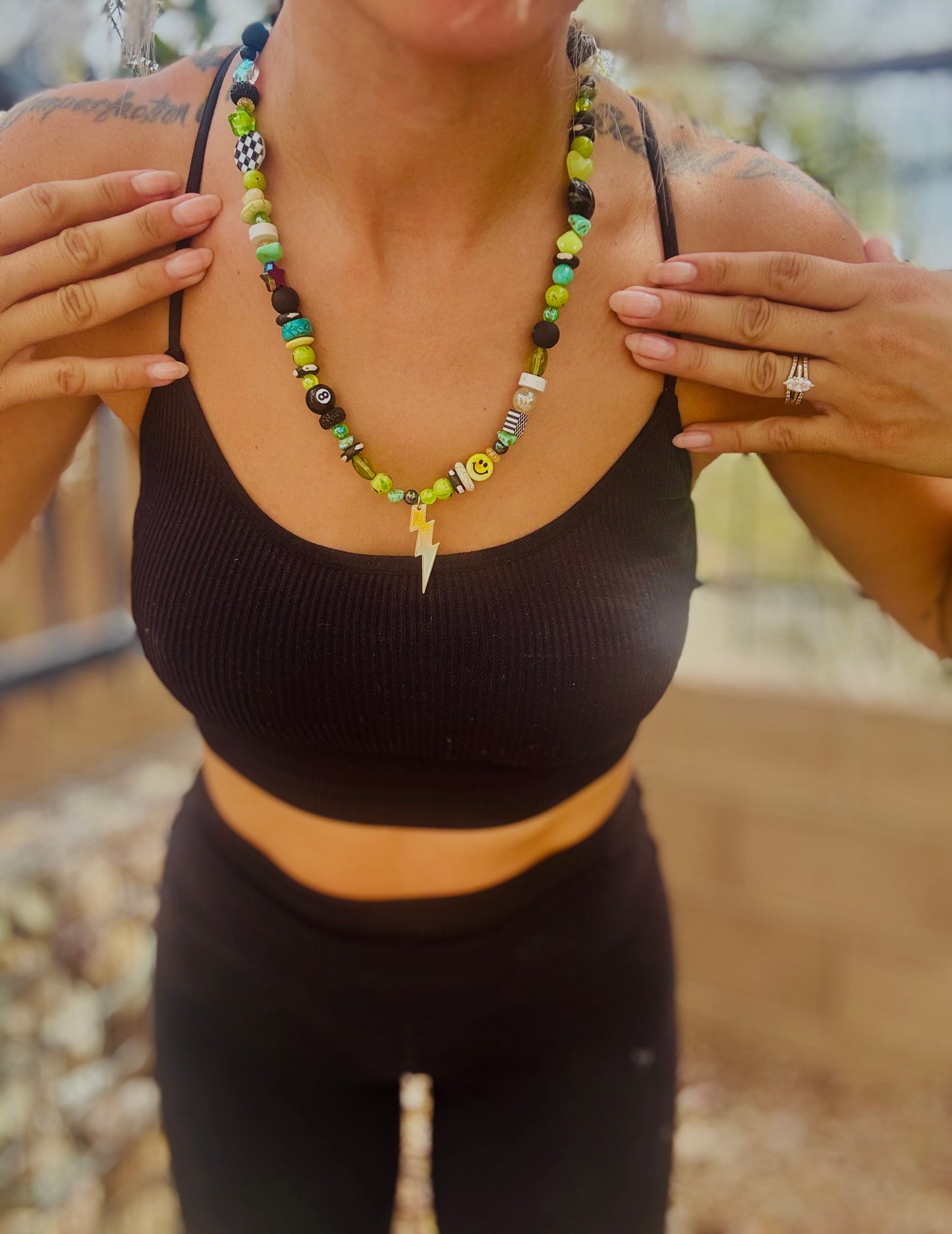 NC- Green goddess gold Bolt+Handmade chunky beaded necklace