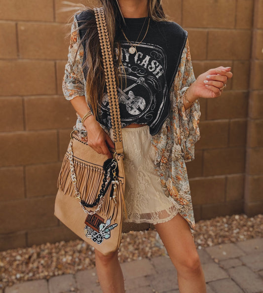 OO-DARLIN TURQUOISE SKULL HAND-CREME FRINGE BUCKLE crossbody
