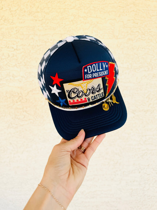 Dolly pres & beer cattle premium checkered trucker