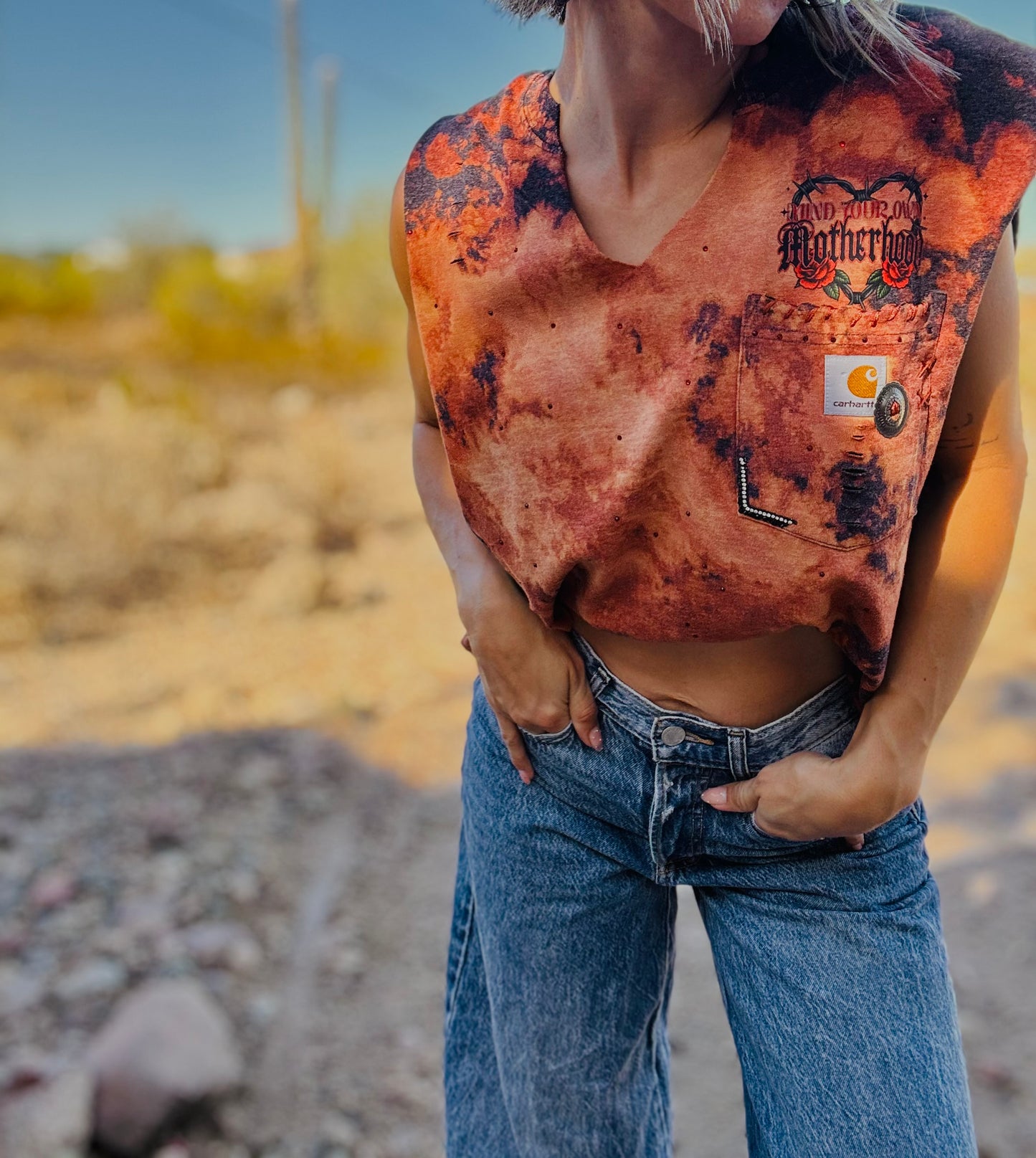 HD-MIND YOUR OWN MOTHERHOOD - DARK GREY RUST DISTRESSED POCKET SHIRT - MENS MEDIUM CUT TO SLOUCHY TANK