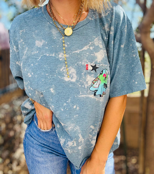 MD-groovy ghostie denim blue -HUSBAND POCKET TEE 2XL CROPPED CUT