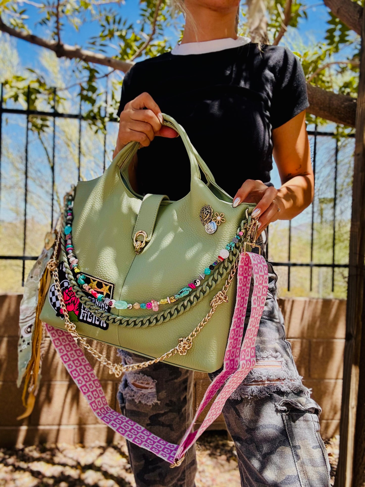 AA-WARNING I HAVE NO FILTER PINK  STRAP+ HAND BEADED PIECES +elk hide accents +TUCSON ￼** multi straps