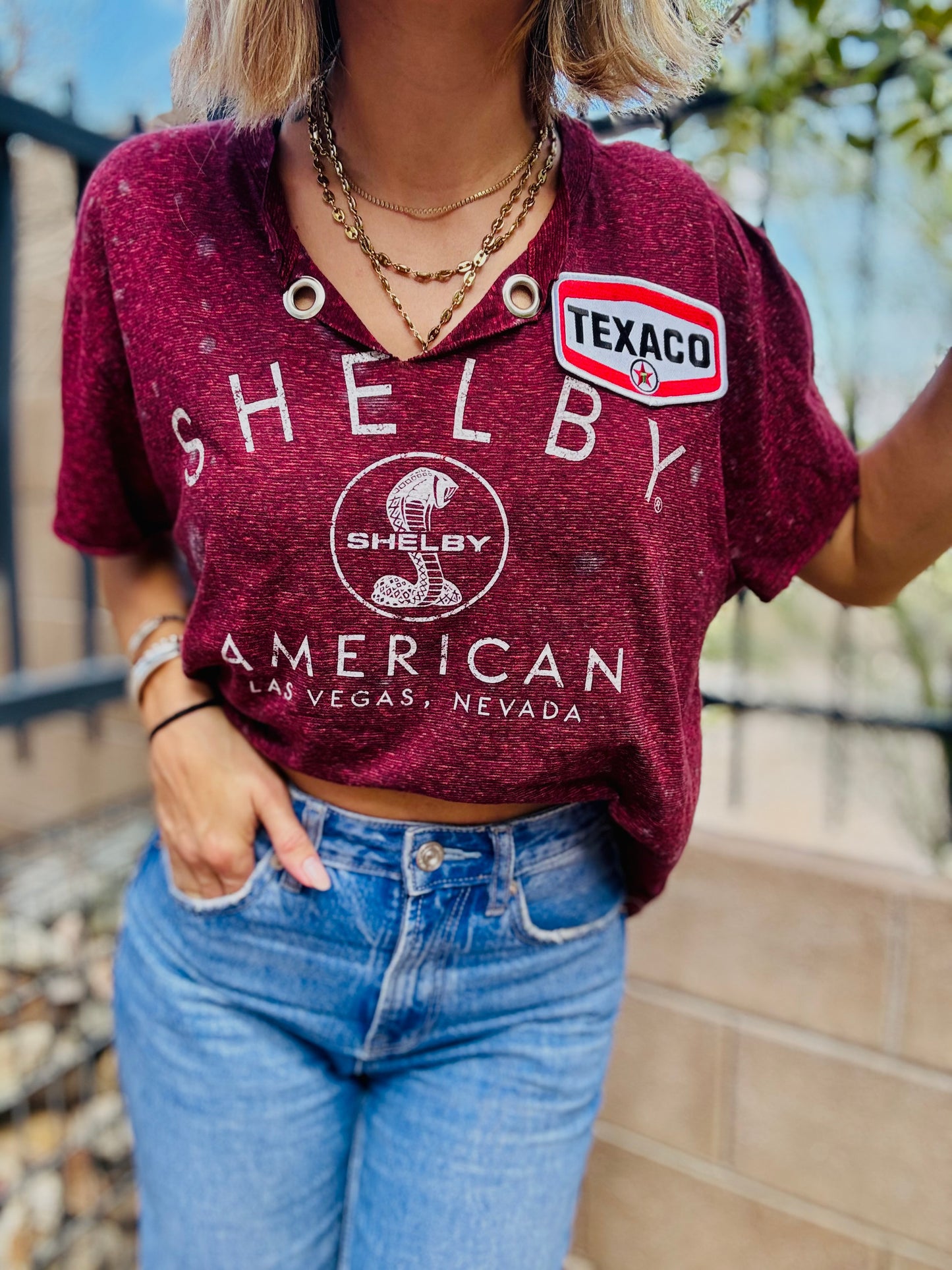 TEE- RED  vintage CAR￼+DAD TEE LARGE CROPPED FIT MED
