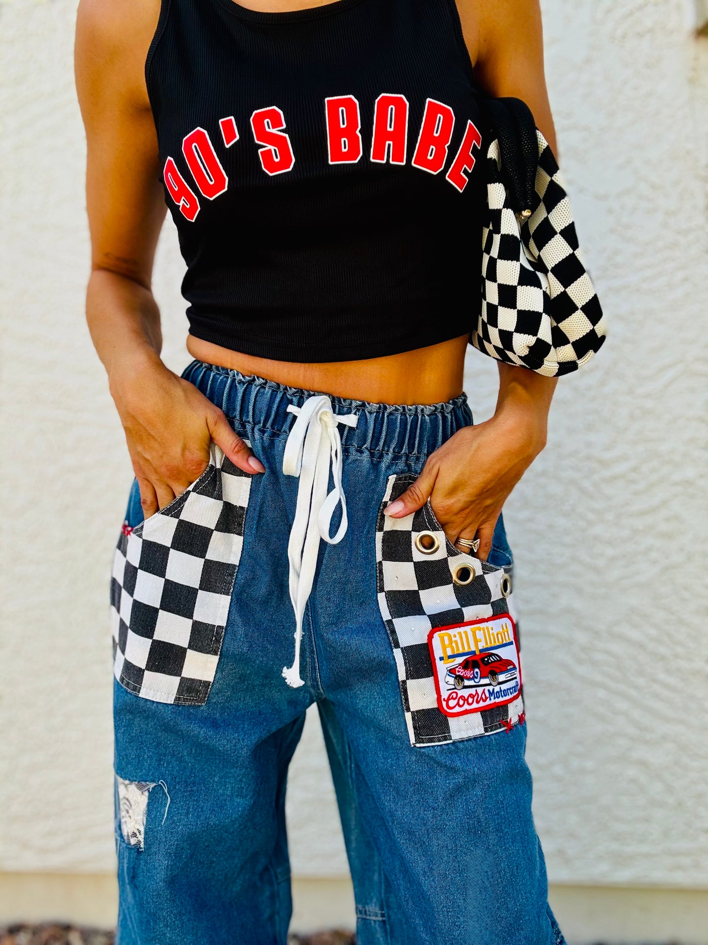 AUG- VINTAGE RACE LACE AND BANDANA REWORK WIDE LEG LIGHT DENIM- SIZE MEDIUM ELASTIC WAIST BAND AND DRAW STRING