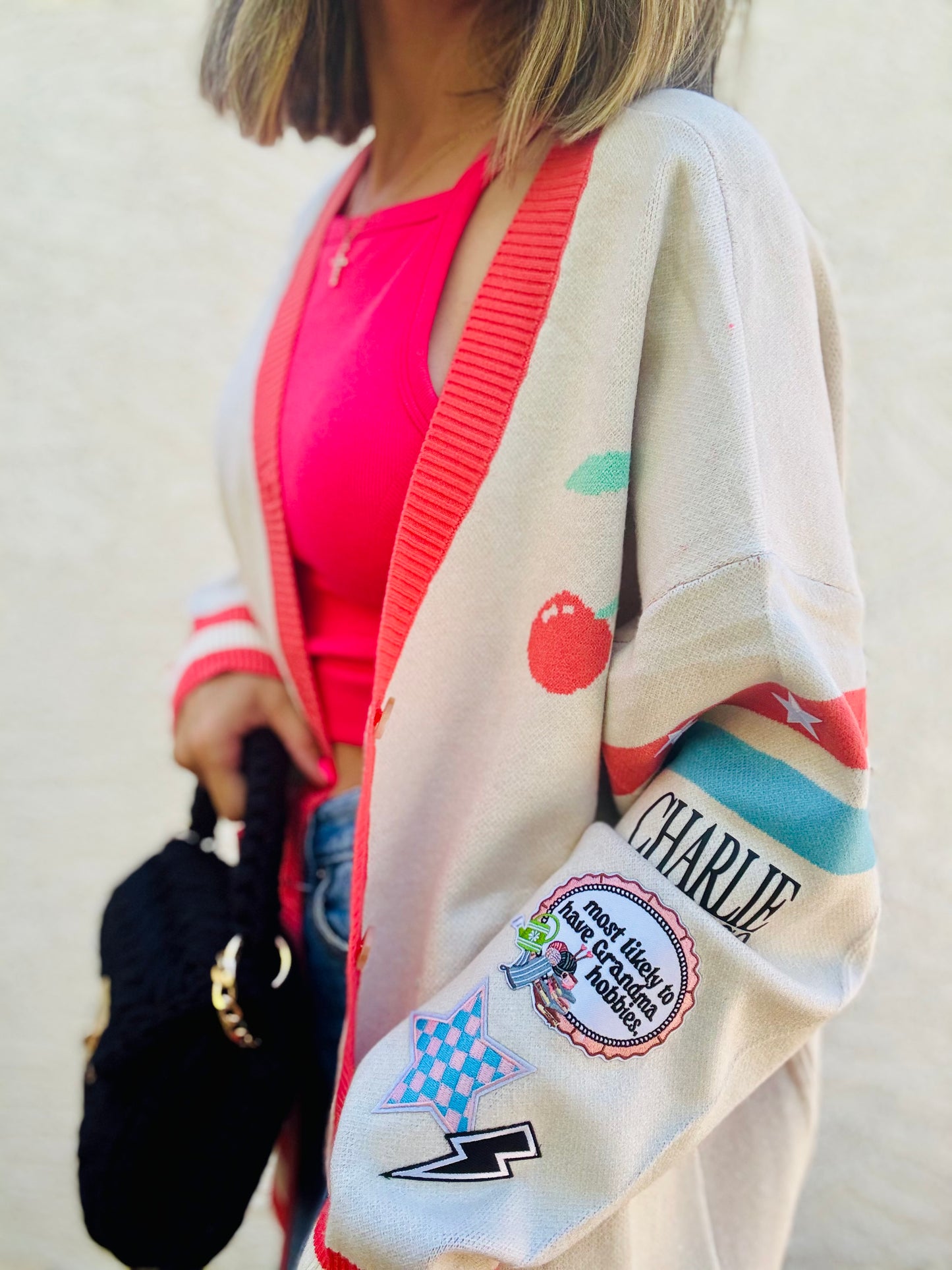 BBH-CHERRY BOMBER CARDIGAN + most likely to have Grandma hobbies +￼ CM CO. babes