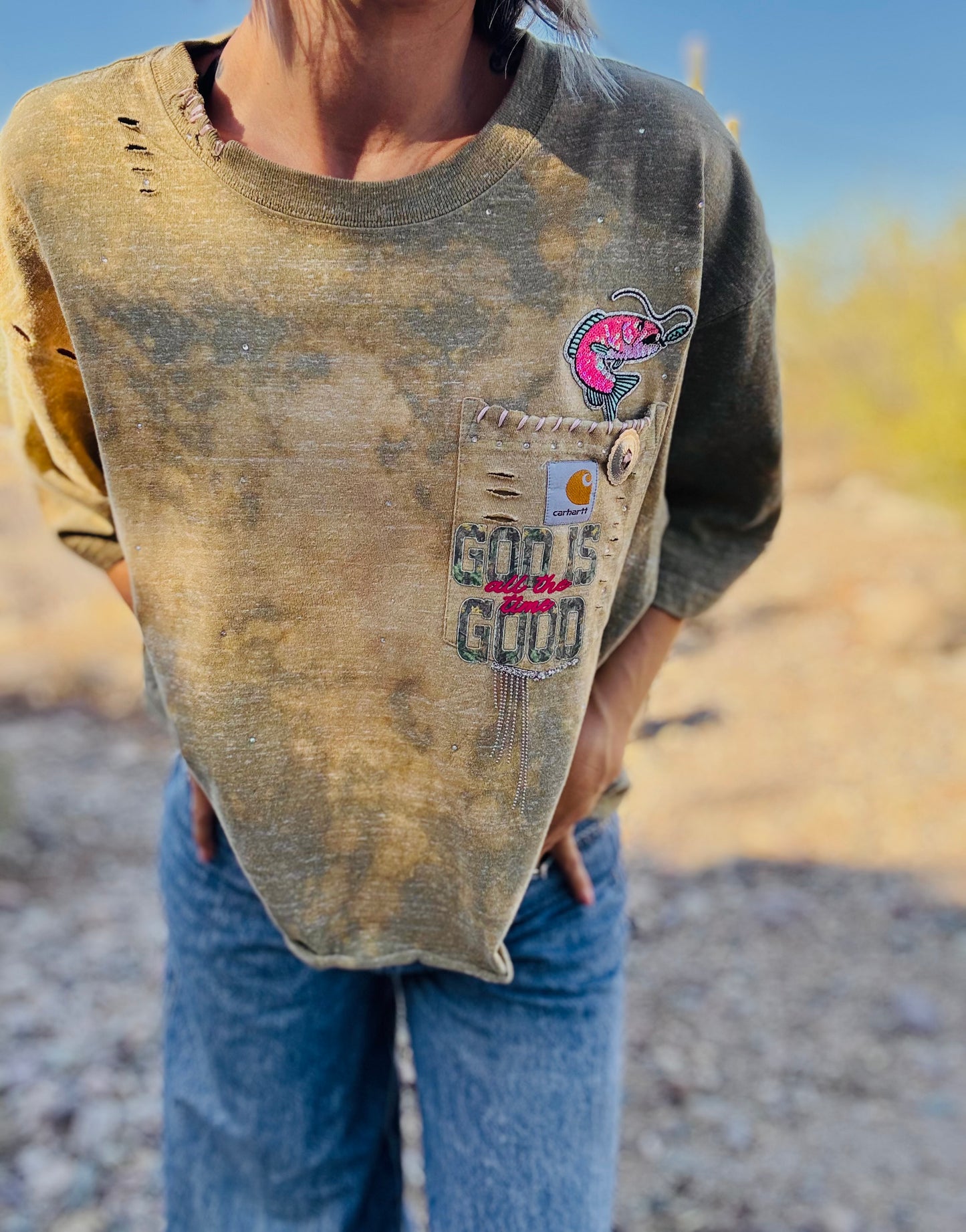 HD-bass fish god is good camo   - sage DISTRESSED POCKET SHIRT - MENS LARGE CUT