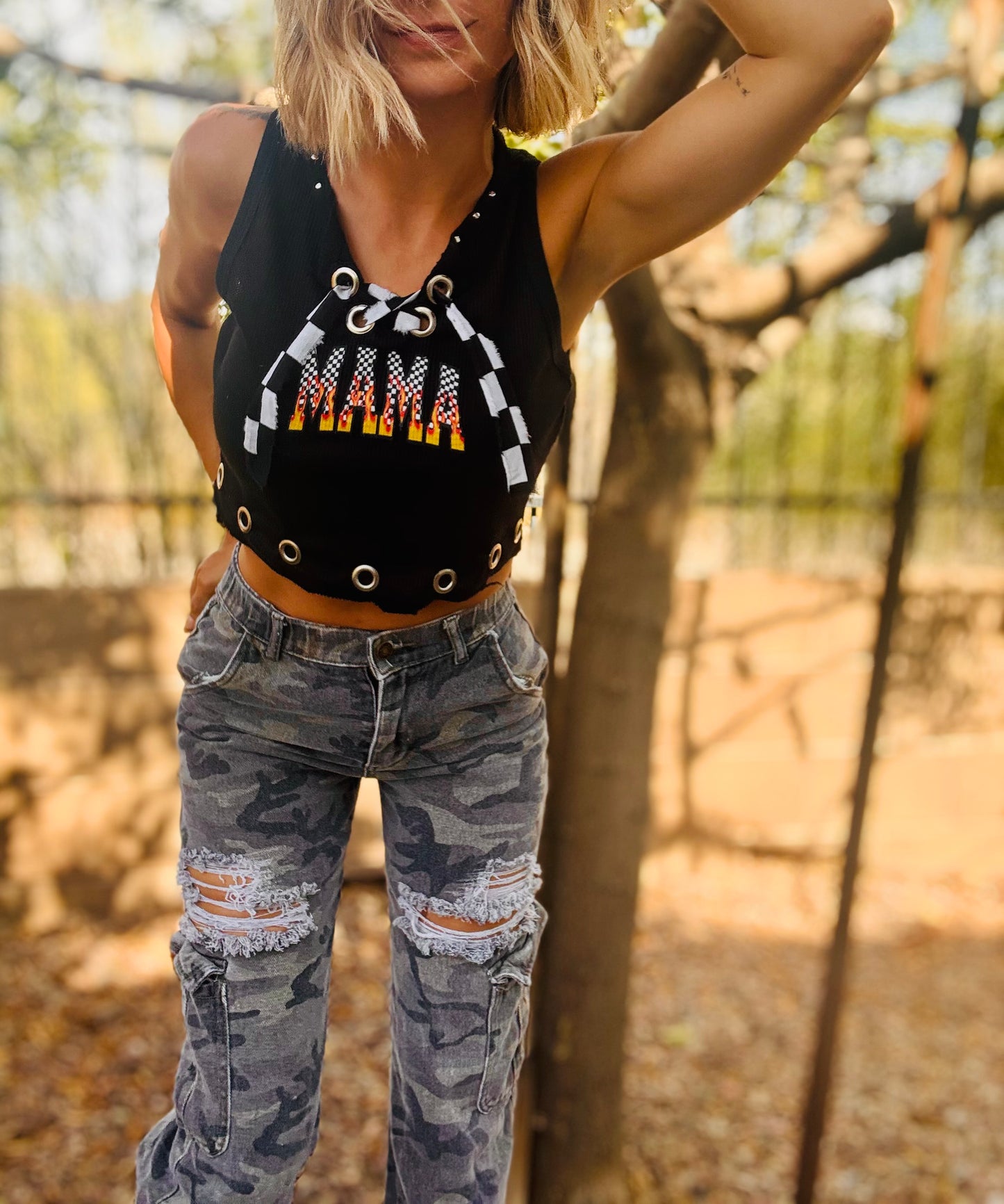 HMT-checkered mama + HEAVY METAL CROP TANK size MEDIUM