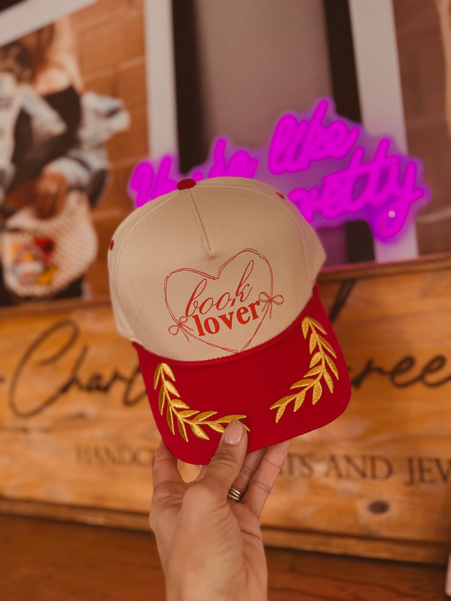 BCJ-vintage distressed book lover, Bows￼-upgraded embroidered 3-D bill, full canvas panel trucker