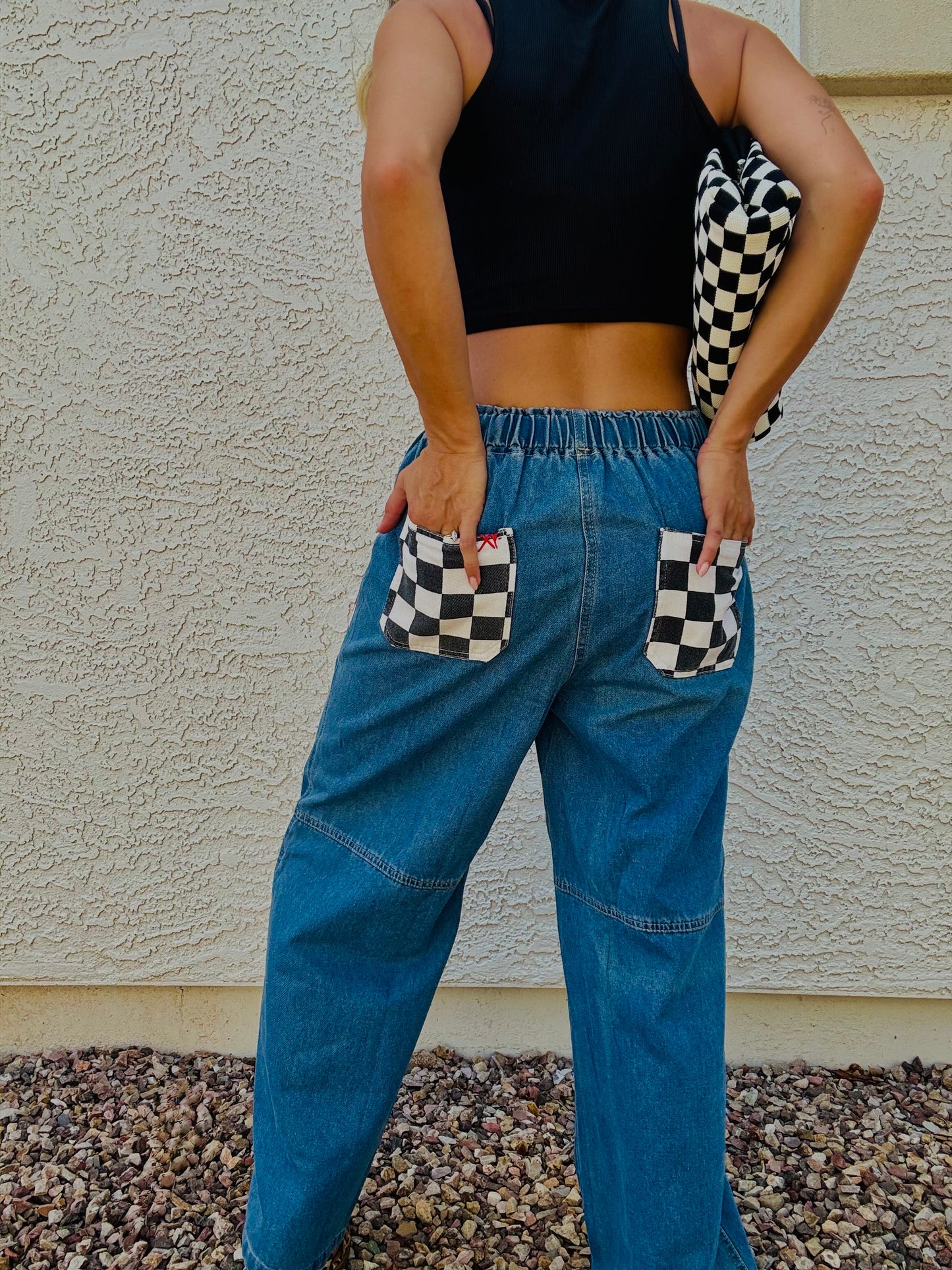 AUG- VINTAGE RACE LACE AND BANDANA REWORK WIDE LEG LIGHT DENIM- SIZE MEDIUM ELASTIC WAIST BAND AND DRAW STRING