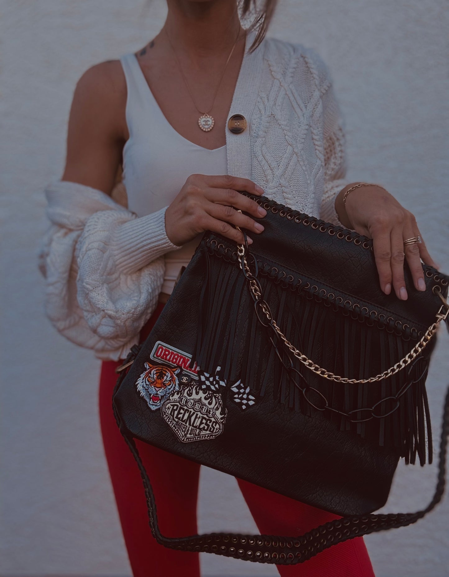 FF- rowdy reckless leave her wild + Authentic upcycled button- FRINGE +buckle CROSSBODY