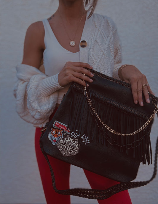 FF- rowdy reckless leave her wild + Authentic upcycled button- FRINGE +buckle CROSSBODY