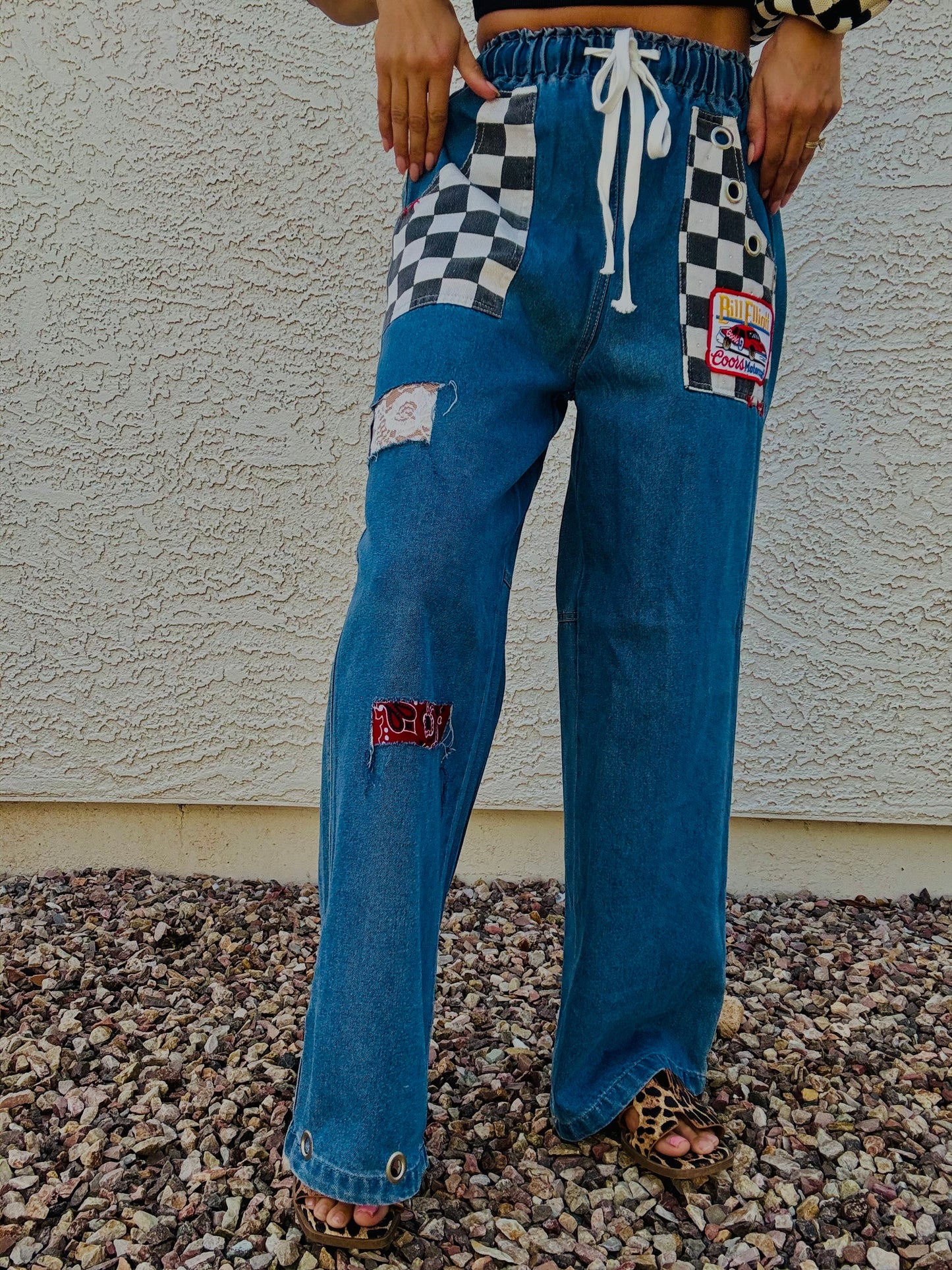 AUG- VINTAGE RACE LACE AND BANDANA REWORK WIDE LEG LIGHT DENIM- SIZE MEDIUM ELASTIC WAIST BAND AND DRAW STRING