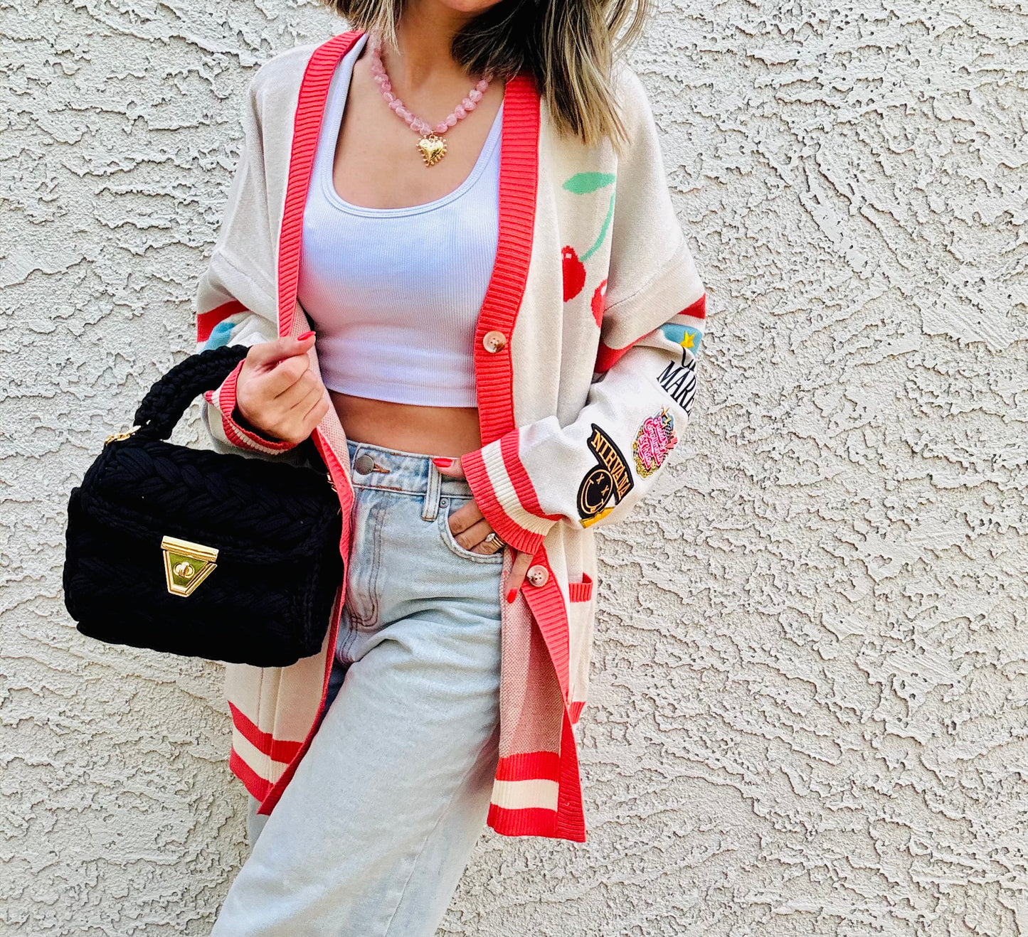 BBH-CHERRY BOMBER CARDIGAN + fueled by compliments and chaos band, babe CM CO. babes