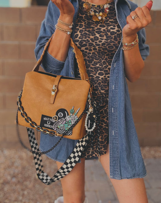 LF- hold your horses turquoise and checkered UPCYCLED CC BUTTON+ upgraded strap *TOMBSTONE*