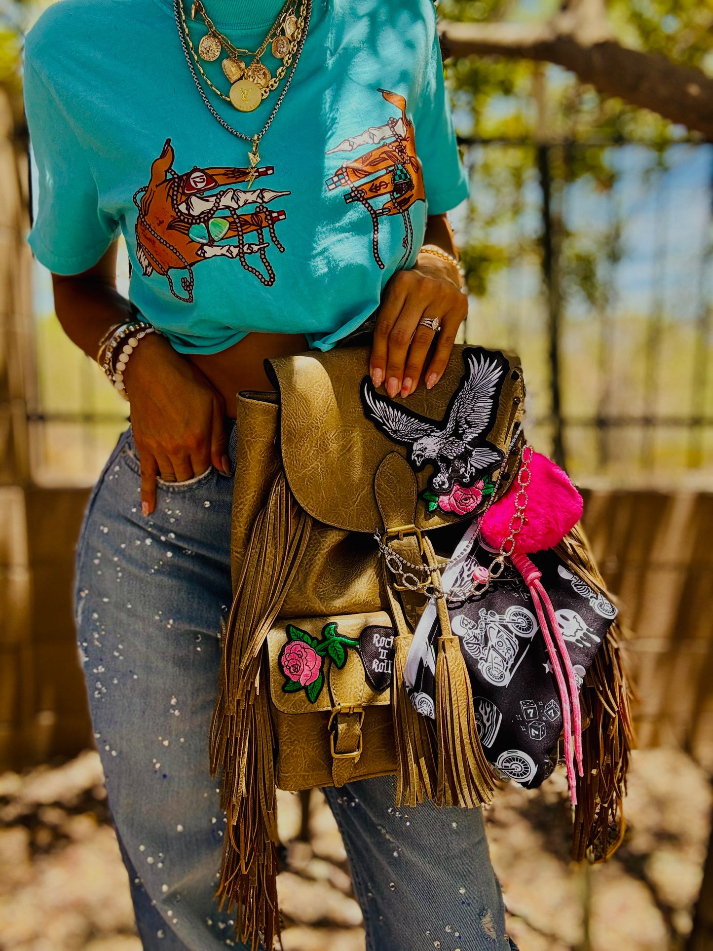SAT-EAGLE AND ROSE+*PAYSON FRINGE BACKPACK BAG**