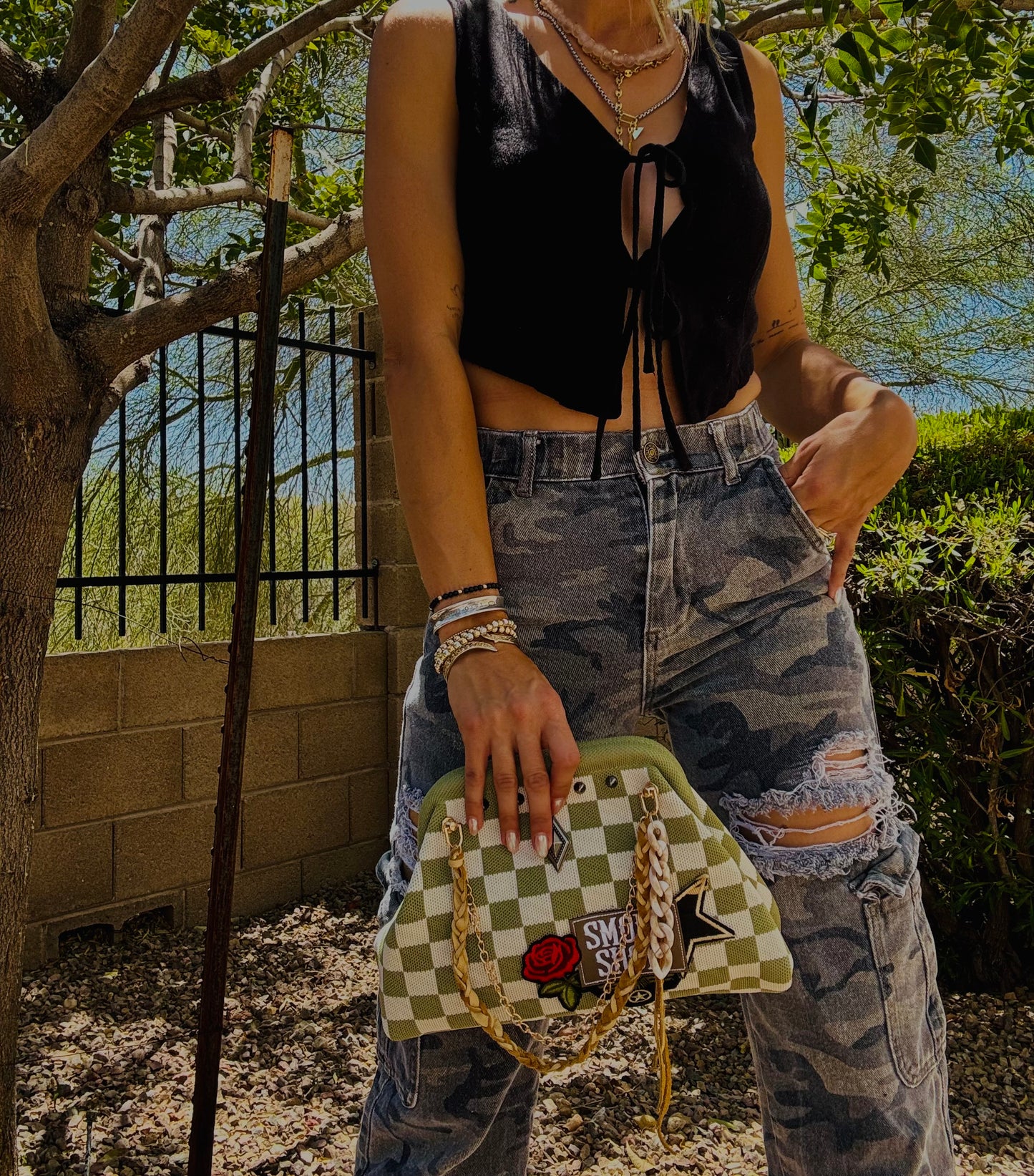 AA-SMOKESHOW   sage and white checkered +** LIZZIE KISS CLUTCH￼**