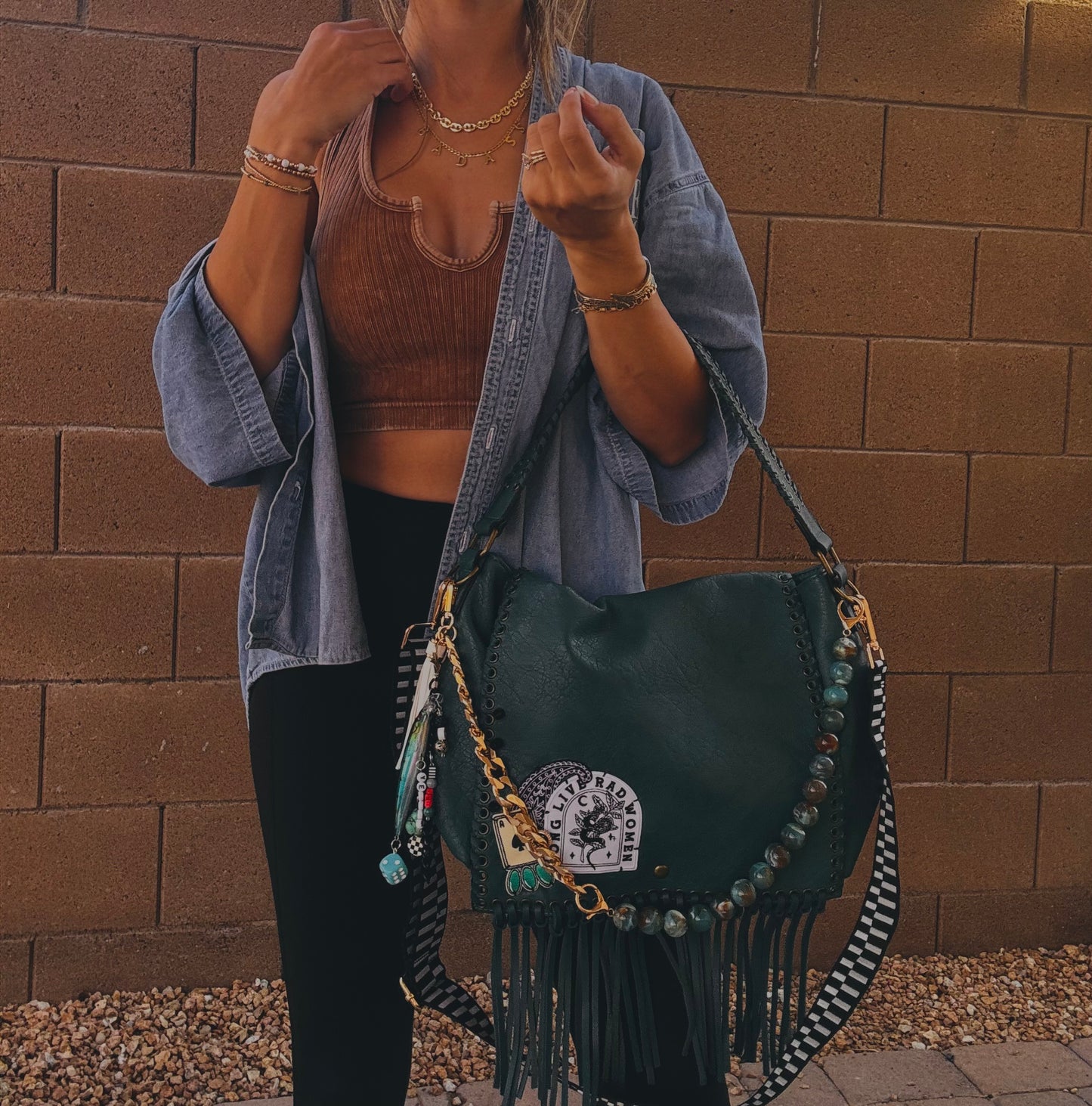 FC-long live rad women + AUTHENTIC UPCYCLED BUTTON- crossbody strap included** The Jerome**