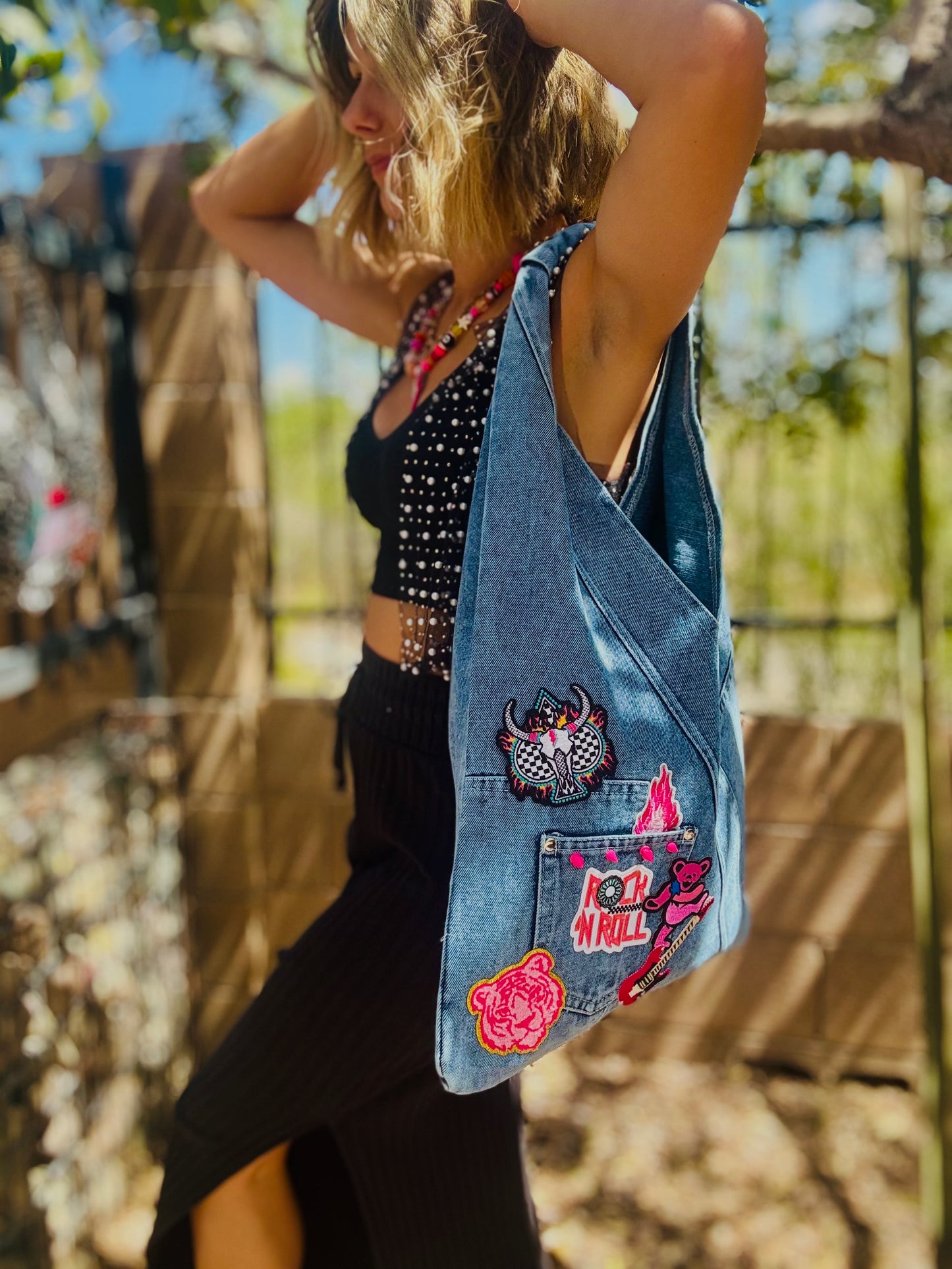 RTS-rock and roll DENIM BABE-HOBO TOTE genuine sewn denim