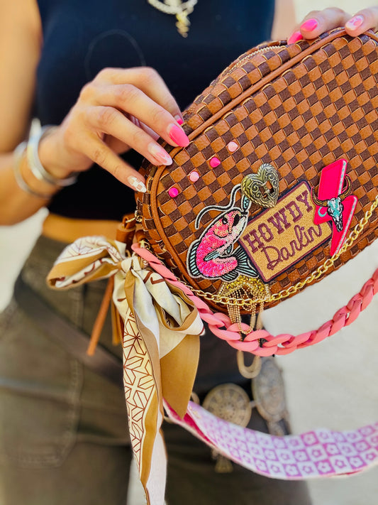 BBBC-HOWDY DARLIN SEWN CONCHO -CHECKERED BROWN OG *Page Bag*