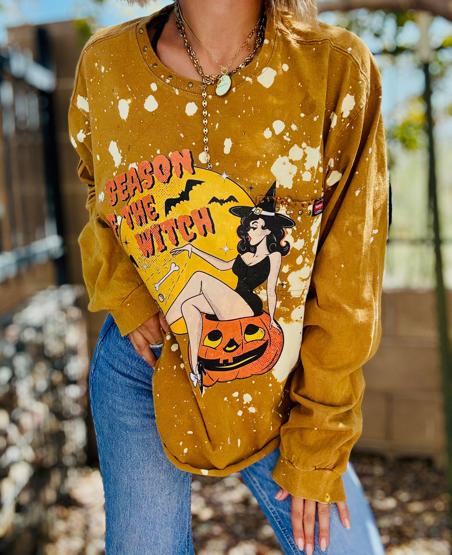 MD- vintage season of the witch  +HUSBAND Ling sleeve POCKET SHIRT -2XL CUT CROP SLOUCHY
