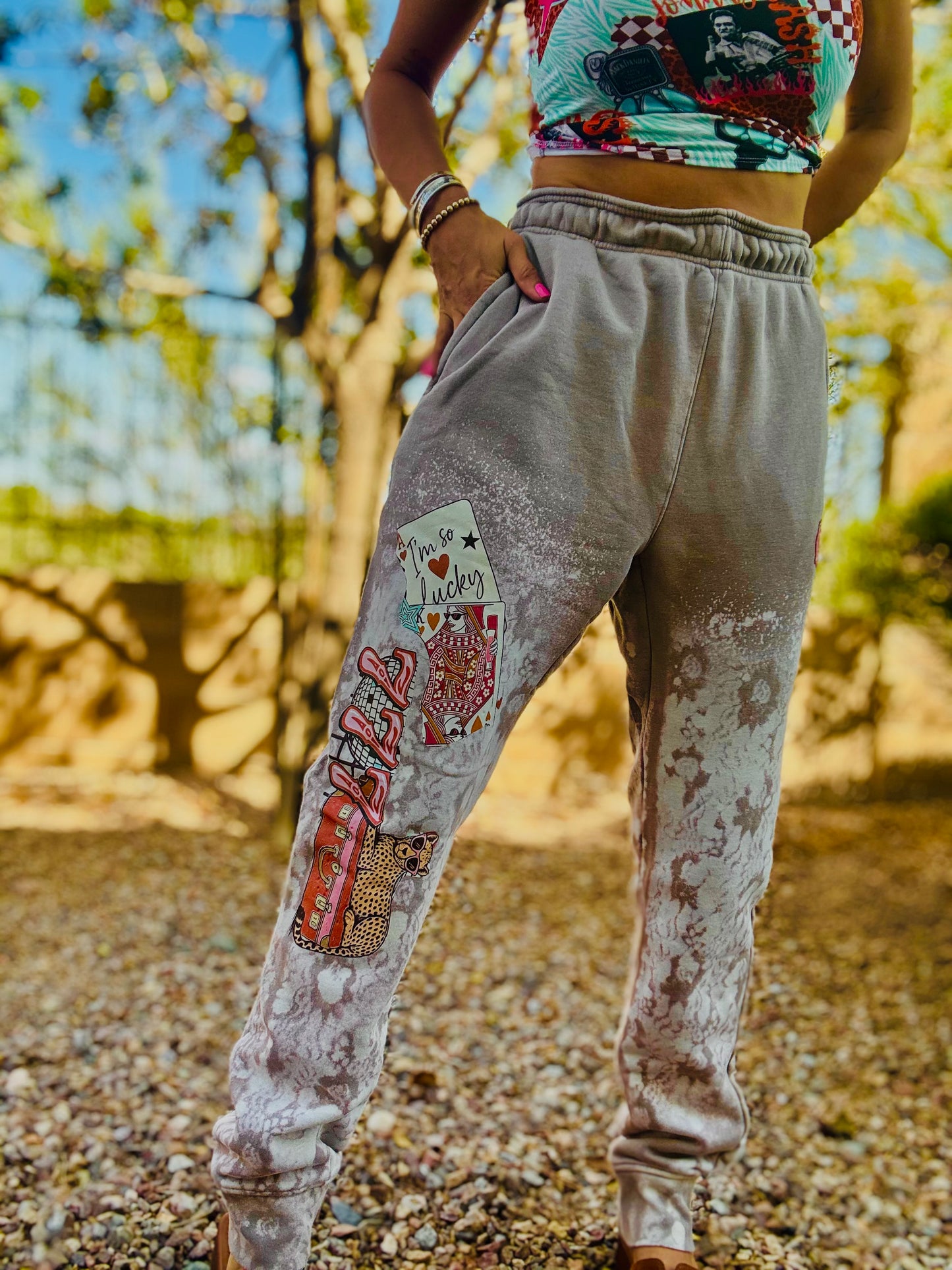 CD-SWEATPANTS lucky 777s- lace vintage wash+ Men’s UNISEX LARGE elastic brand waist with adjust pull string cinch joggers with pockets