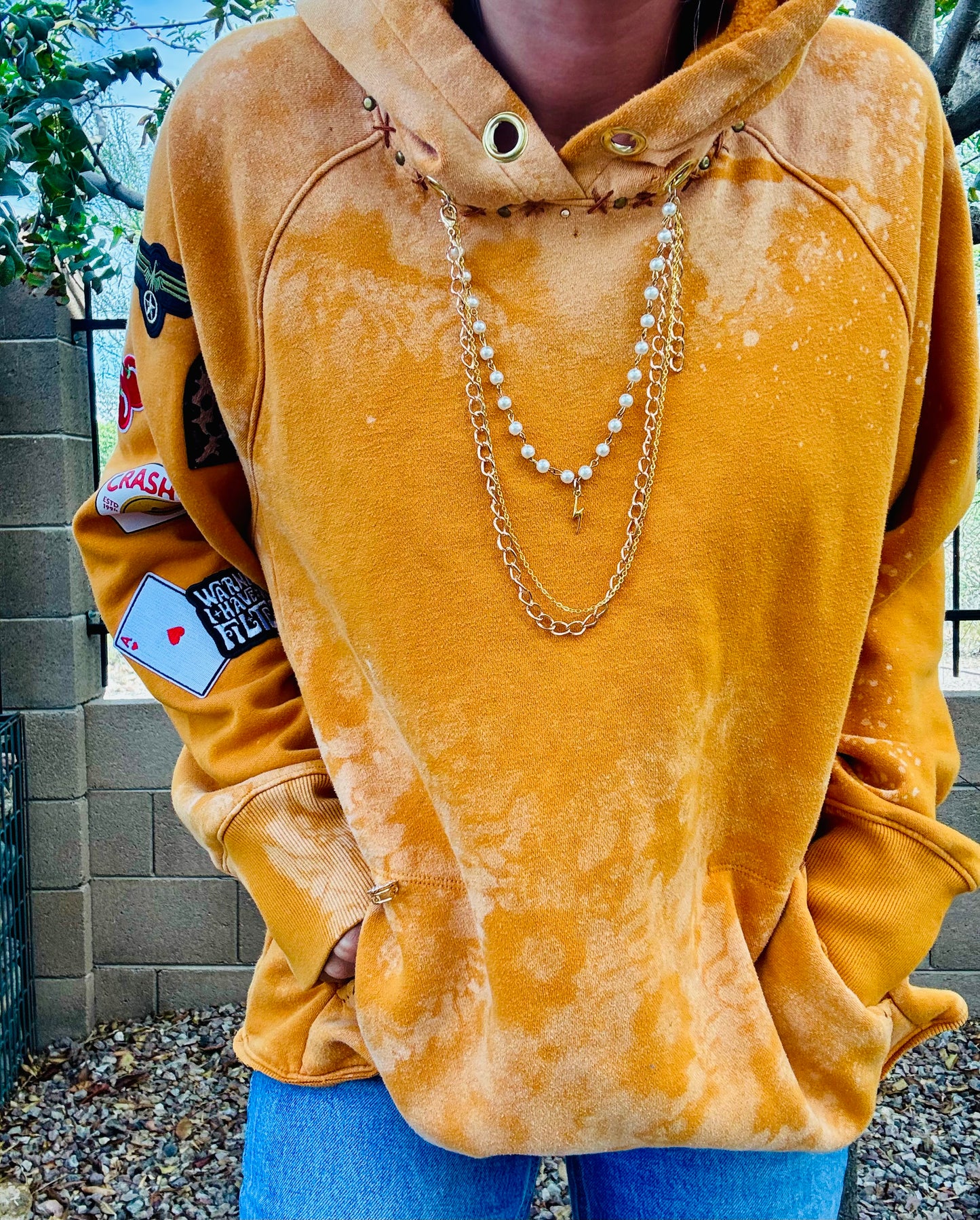 CD- NECKLACE Hoodie yellow gold patched arm  - lace vintage wash+ Men’s unisex sizeLARGE- Cut off bottom band hem