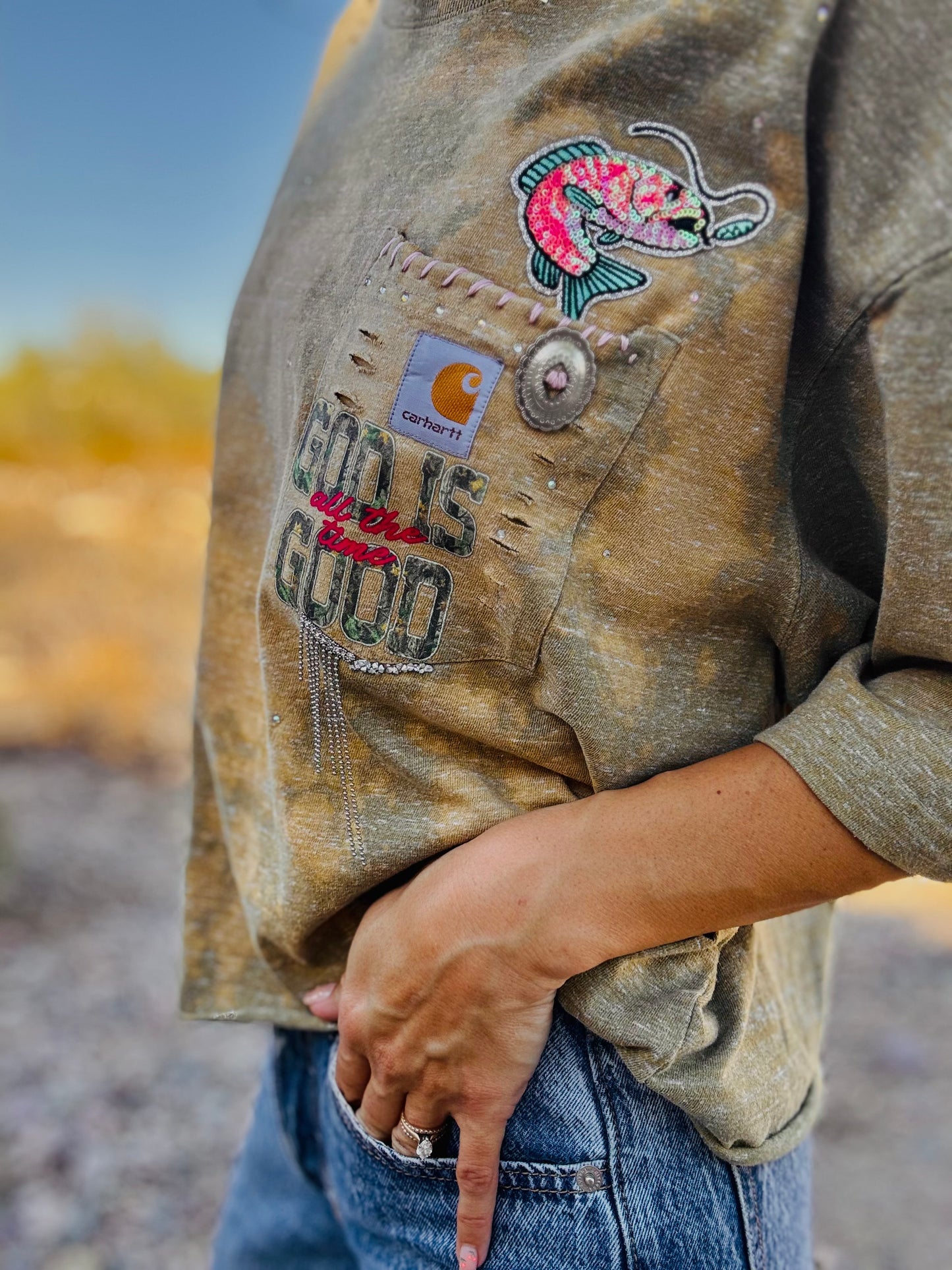 HD-bass fish god is good camo   - sage DISTRESSED POCKET SHIRT - MENS LARGE CUT