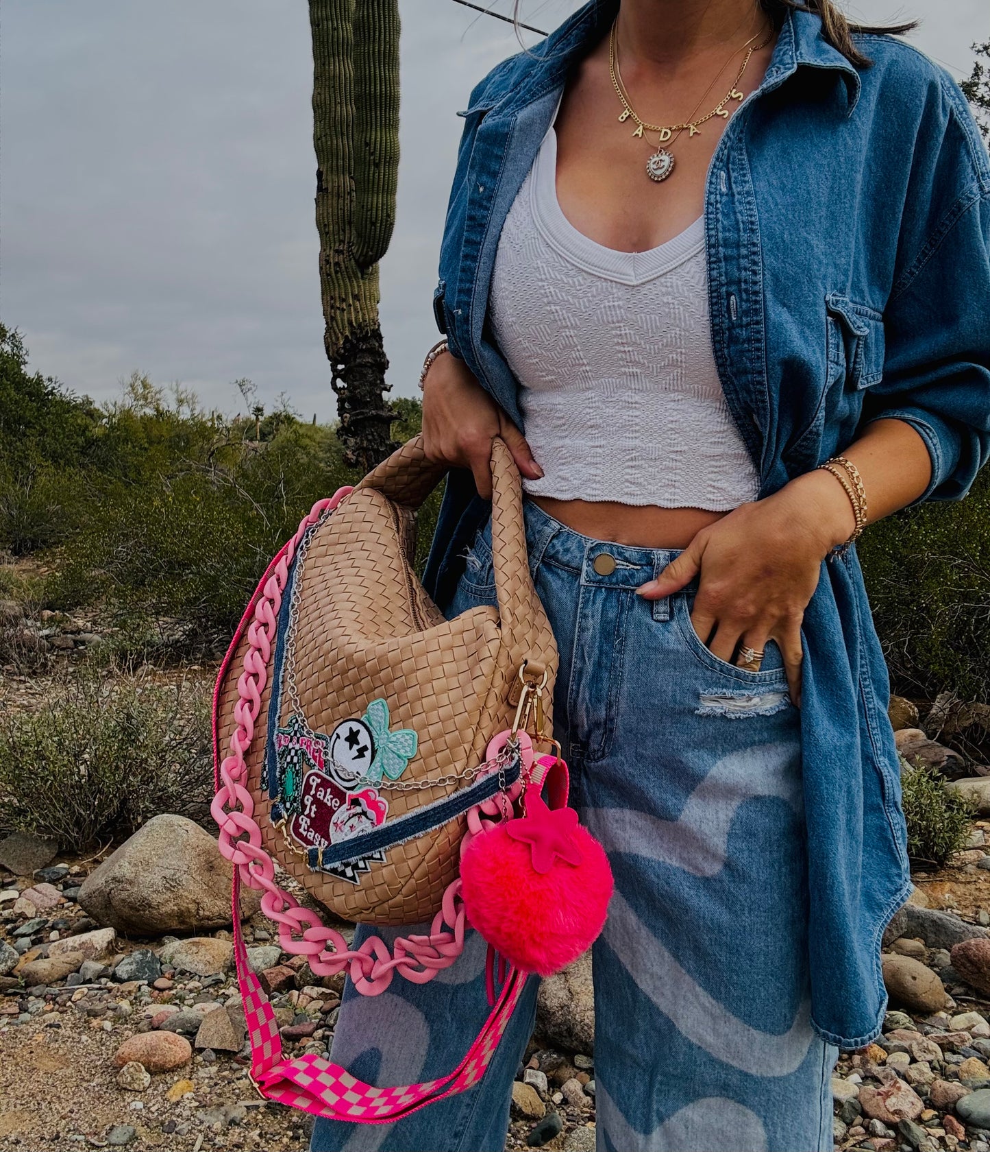 NY-take it easy Pink Bombshell+ denim snaffle bit and checkered *CHANDLER BAG**